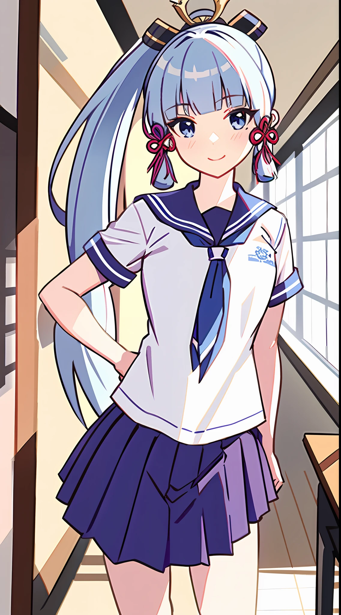 (masterpiece, best quality, ultra-detailed, illustration),genshin impact, kamisato, 1girl,solo,ayaka hair ornament,cowboy shot,ponytail, blunt bangs,blue eyes, smile, closed mouth, eyebrows visible through hair, long hair, silver hair, looking at viewer, indoors,medium breasts,school uniform, serafuku, sailor collar, pleated skirt,