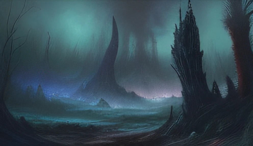 a painting of a forest with many trees, paisagem lovecraftiana, terrenos baldios cinzentos, Stefan Koidl inspirado, Paisagem infernal, an alien landscape, paisagem do pesadelo, atmosfera lovecraftiana, dark ruins landscape, Gustave Dore History, pintura de fantasia fosca grimdark, Paisagem infernal lovecraftiana, paisagem de fantasia escura, alien landscape, Arte conceitual de Bloodborne