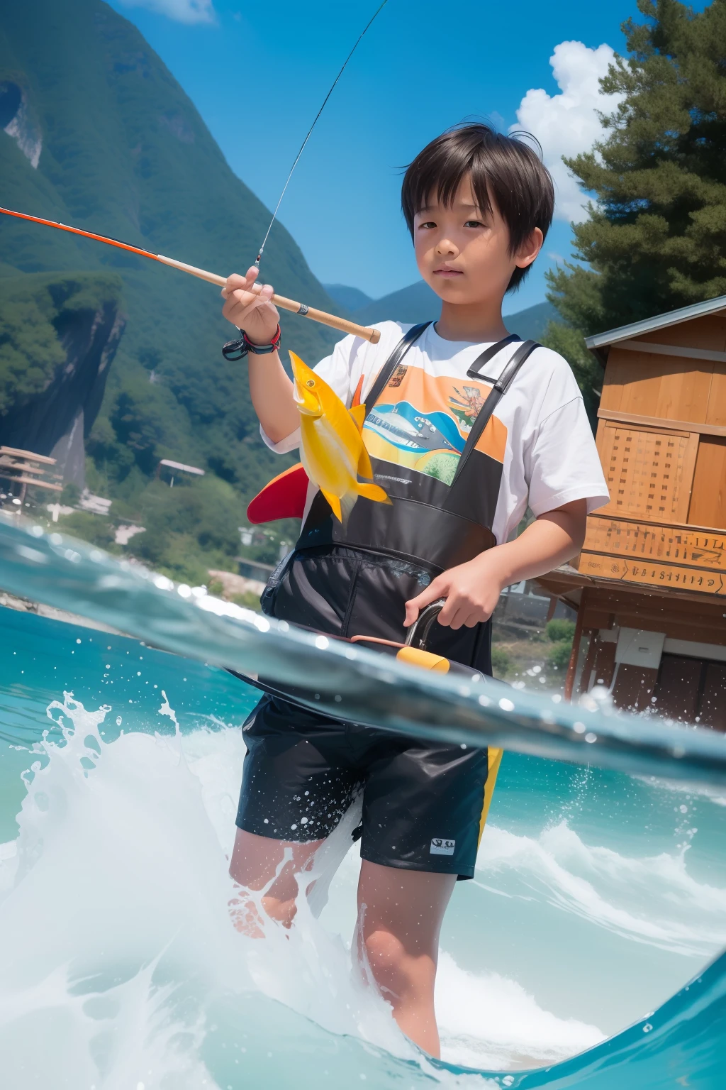 There are cartoon pictures of boys fishing with fish, shinkai, by Kishi Ganku, fish in the background, by Nishida Shun'ei, by Kamisaka Sekka, fish man, The robot has a fishing rod, Fishing, Fish man々, by Hiroshi Honda, by Jihei Sugimura, by Naka Bokunen