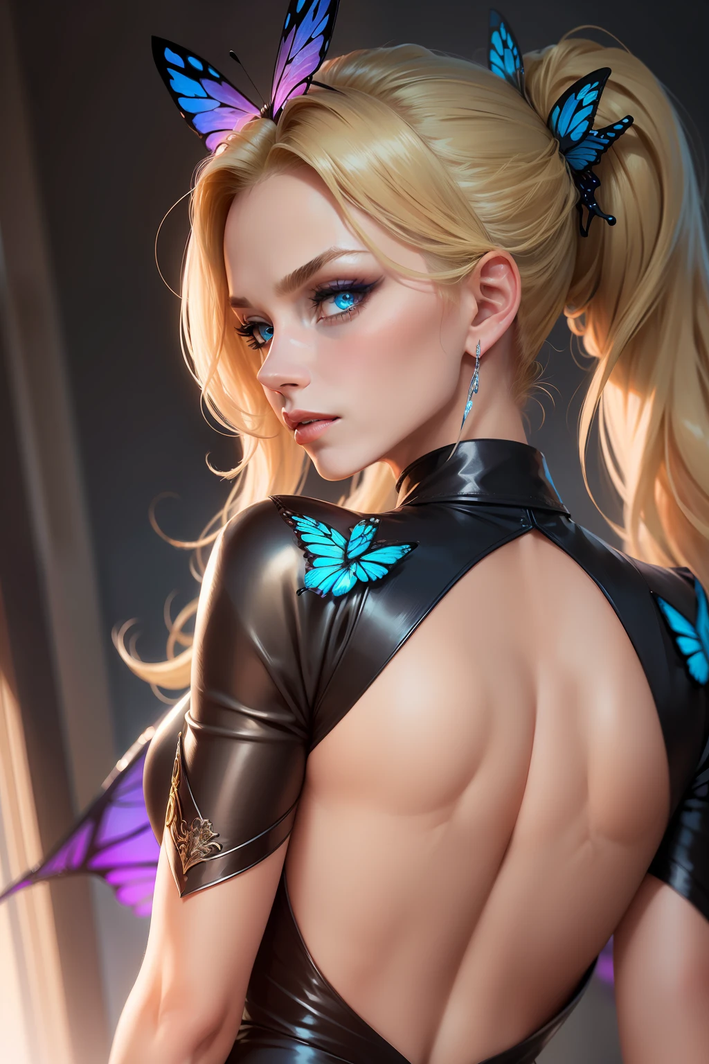 She has elegant blonde ponytails and striking blue cat eyes. Her attire exudes power and sophistication in a stylish pantsuit. She embodies the essence of a confident demon, radiating CEO-like confidence. Completing her enchanting aura, a pair of exquisite butterfly wings gracefully adorns her back.