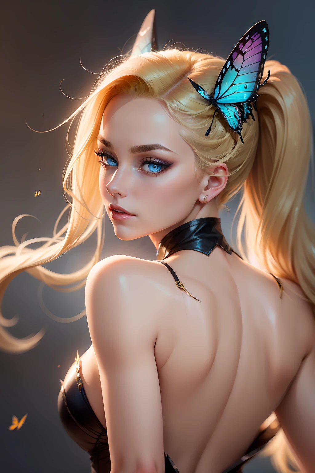 She has elegant blonde ponytails and striking blue cat eyes. Her attire exudes power and sophistication in a stylish pantsuit. She embodies the essence of a confident demon, radiating CEO-like confidence. Completing her enchanting aura, a pair of exquisite butterfly wings gracefully adorns her back.