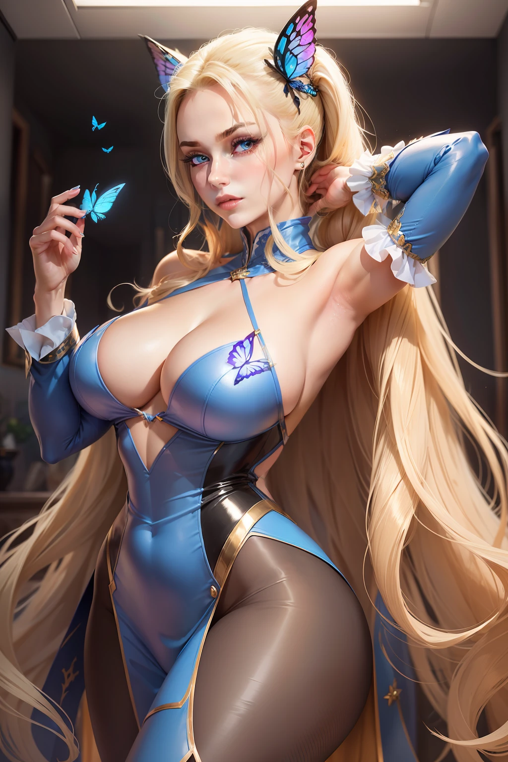 She has elegant blonde ponytails and striking blue cat eyes. Her attire exudes power and sophistication in a stylish pantsuit. She embodies the essence of a confident demon, radiating CEO-like confidence. Completing her enchanting aura, a pair of exquisite butterfly wings gracefully adorns her back.