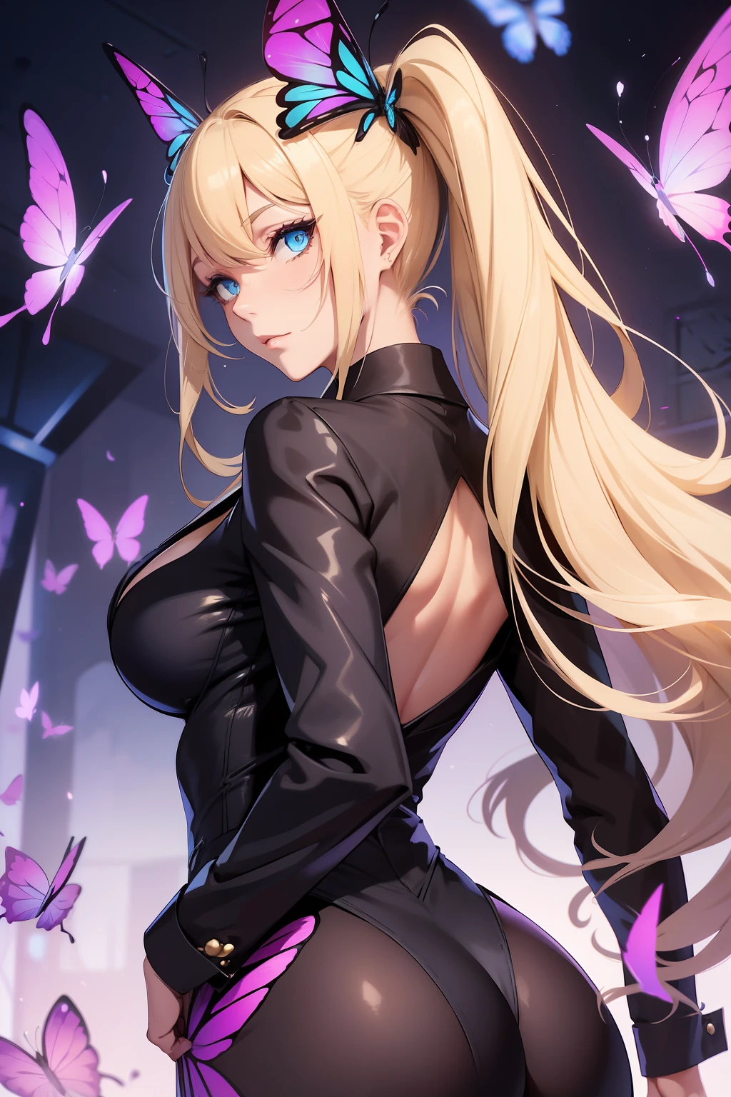 She has elegant blonde ponytails and striking blue cat eyes. Her attire exudes power and sophistication in a stylish pantsuit. She embodies the essence of a confident demon, radiating CEO-like confidence. Completing her enchanting aura, a pair of exquisite butterfly wings gracefully adorns her back.