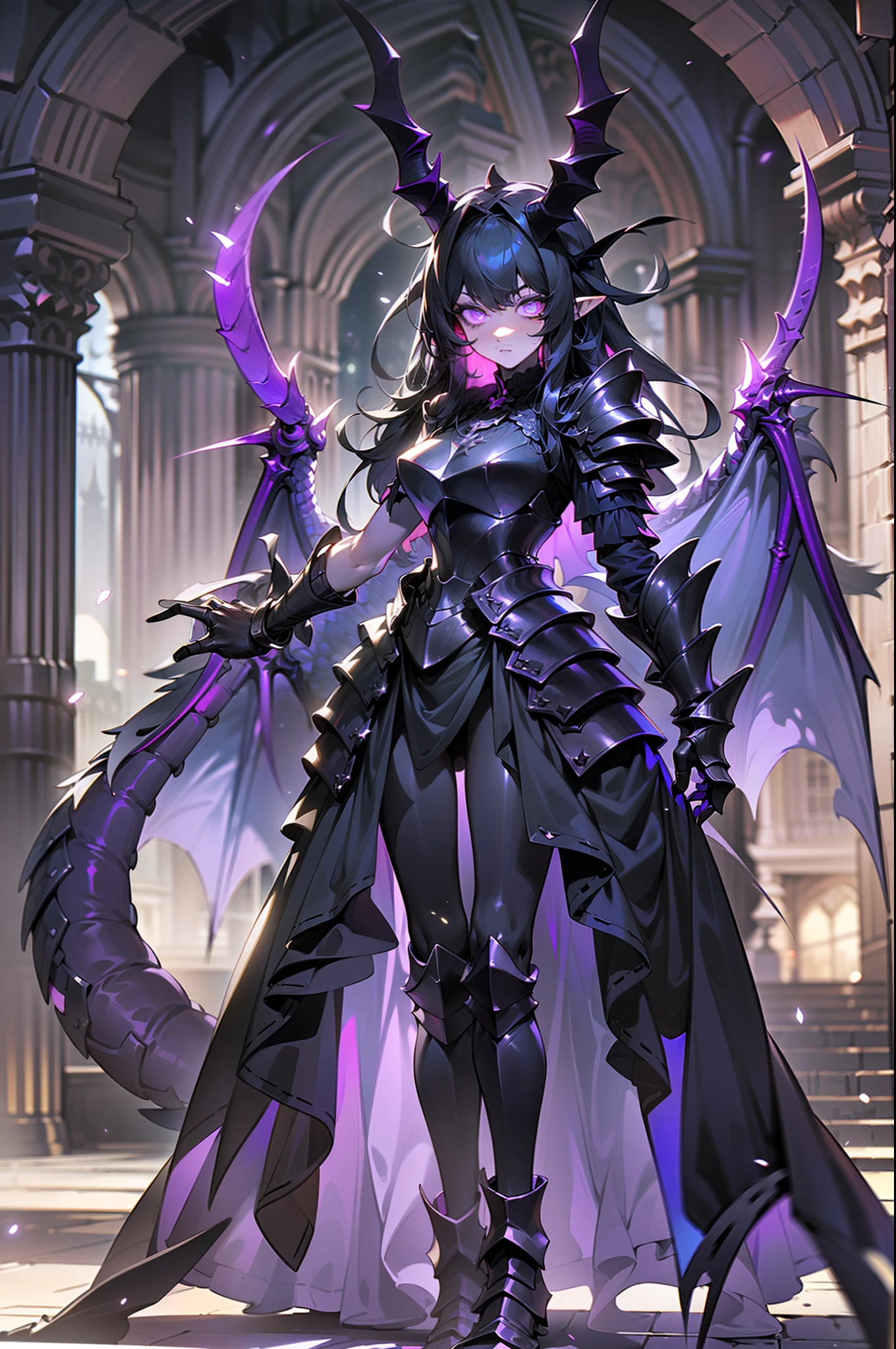 {{masterpiece, best quality, extremely detailed CG, unity 8k wallpaper,anatomically correct,ultra resolution}},Award-winning photography,(best illumination,Very Delicate and Beautiful),{one girl,solo},full body view,knight,(black long hair:1.5),purple eyes,(extremely beautiful and detailed face:1.2), (extremely beautiful and detailed eyes:1.2),perfect hands,delicate legs,((black dragon horns,dragon wings,one dragon tail:1.2)),(epic),pointy ears,purple earrings,purple jewelry,((Plate Armor:1.2,breastplate,greaves,armored boots,armored gloves)),looking at viewer,dark persona,evil,(cute:1.5),((night, dark atmosphere, dark theme, scary atmosphere, darkness:1.5)),dramatic shadows,(dimly lit:1.5),(purple Luminescent Particles:1.4),depth of field,(outdoor:1.5,haunted Gothic castle:1.2),{perfect human body structure with maximum precision}