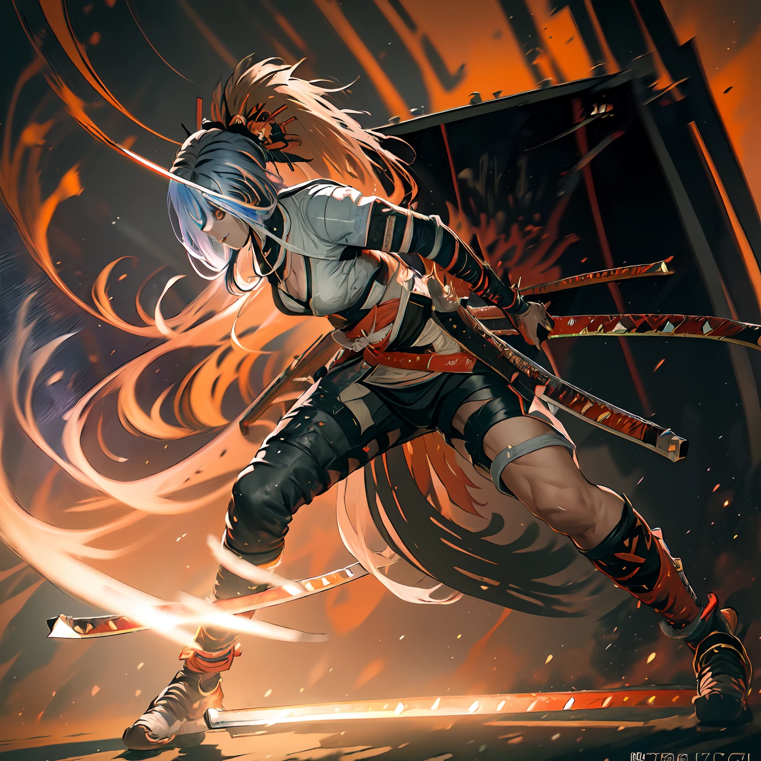 1girl, ((sexy anime girl)),(Golden Ratio:1.2),(cowboy clothing:1.2),(fault color:1.3),[(desert background:1.4)::10], (full body:1.2),(ultra-detailed:1.3),(samurai:1.6),(katana:1.6), (boots),(gun belt:1.6),(aura:1.2),full body, standing in desert planet,(cool:1.2),(colorful hair),(long shadows) (chaotic geometric images:1.3),(nagative space:0.8),(drawing board:1.3), hyperrealiatic, insane detail, genshin (ether colorful ink flowing:1.3)