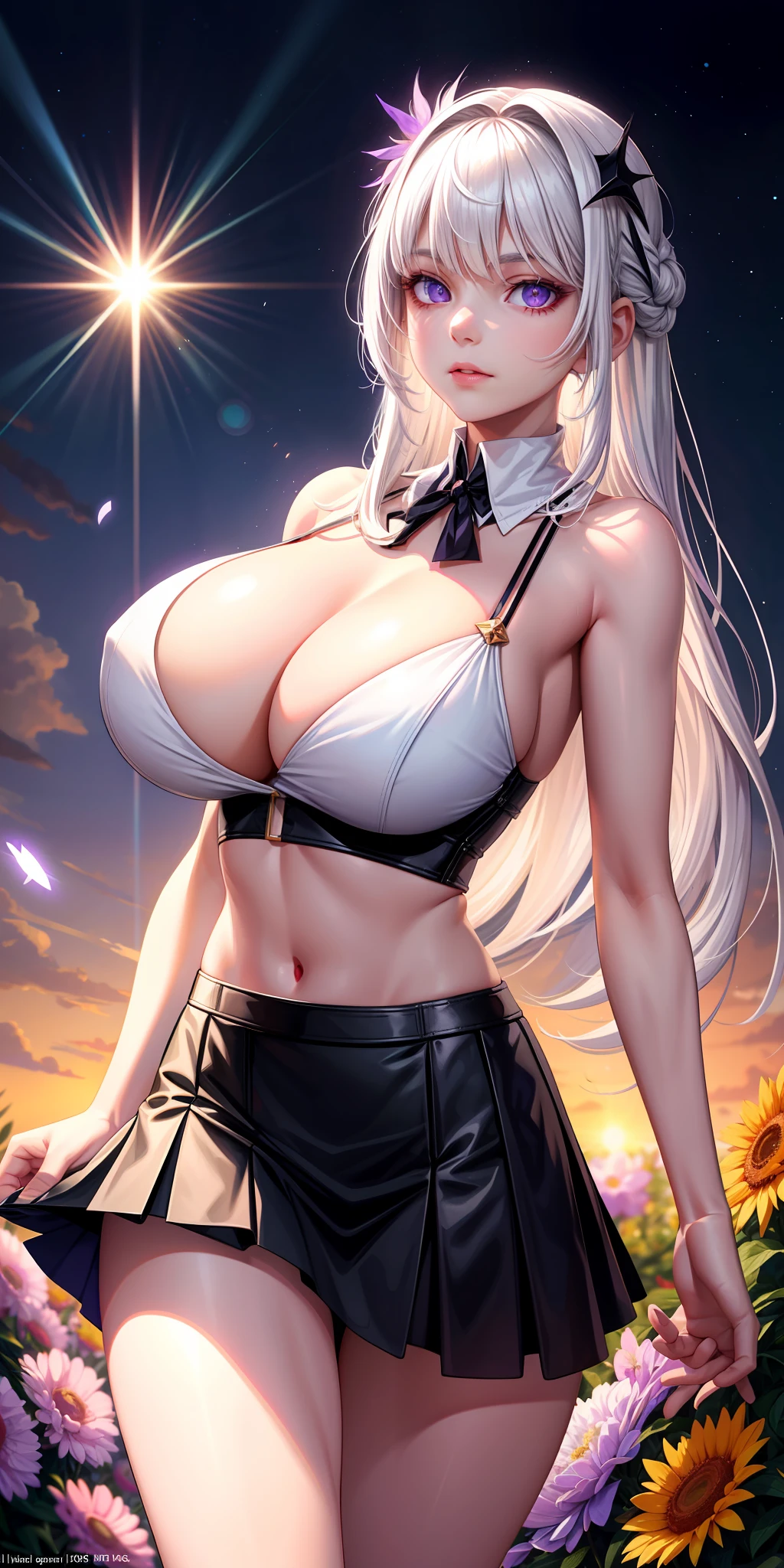 realisticlying,1girl,White hair,Purple eye,glowing light eyes,Cut the top,a skirt,parted lip,Be red in the face,the night,fresh flowers,suns,rays of sunshine,(((huge tit))),shy