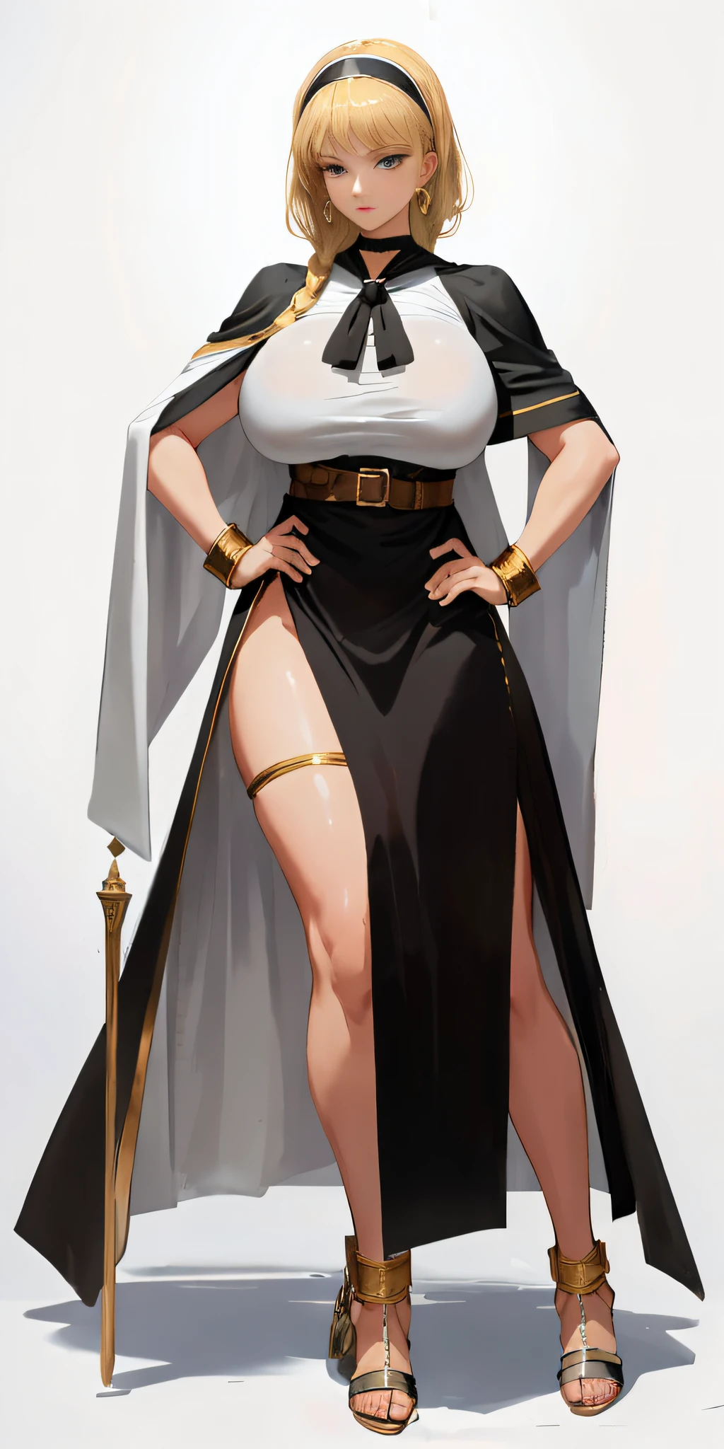 (Masterpiece), full body of a cleric female, big breast, detailed face, smooth skin, full portrait, standing straight, shackles on arms and legs, black chocker on neck, SFW, WHITE TOGA and18, earrings
