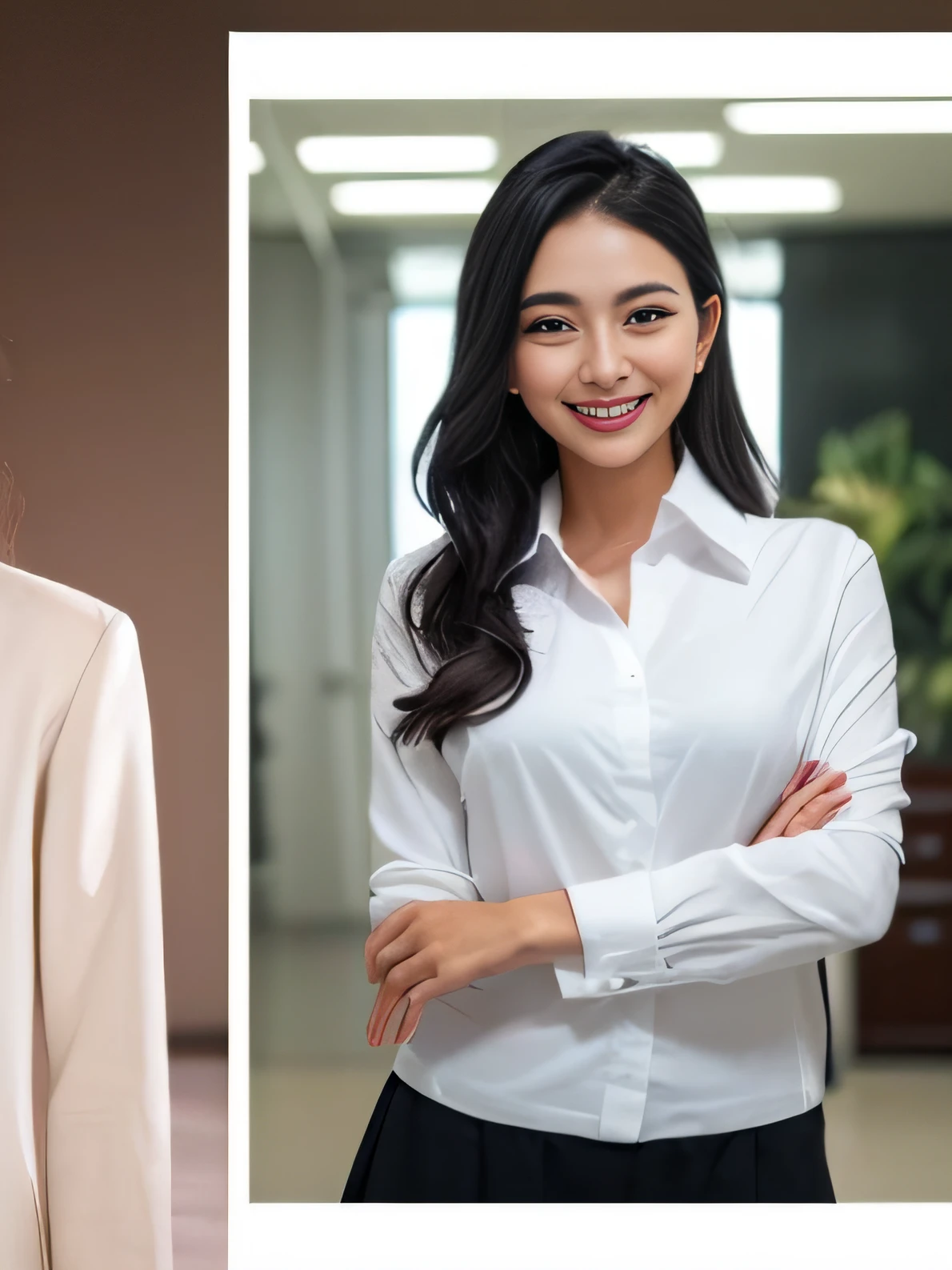 (((smiling woman in a white shirt , gray coat, standing))) , young business woman, professional image, wearing business casual dress, professional profile photo, posing with crossed arms, female in office dress, professional picture, professional profile picture, well lit professional photo, office clothes, cindy avelino, photo of a woman, business woman, detailed professional photo,malaysian, lecturer, black hair, slim body