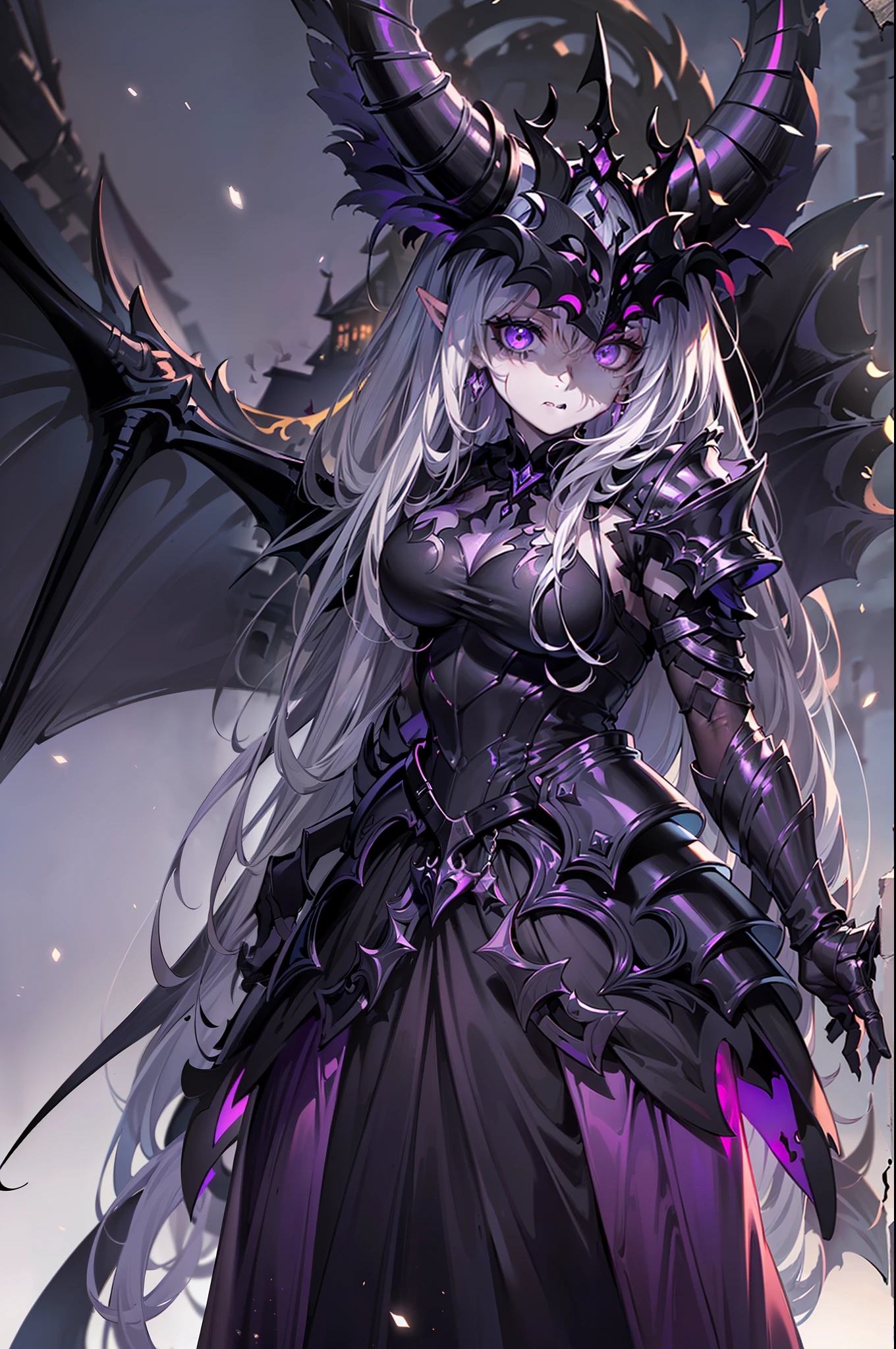 {{masterpiece, best quality, extremely detailed CG, unity 8k wallpaper,anatomically correct,ultra resolution}},Award-winning photography,(best illumination,Very Delicate and Beautiful),{one girl,solo},full body view,knight,(black long hair:1.5),purple eyes,(extremely beautiful and detailed face:1.2), (extremely beautiful and detailed eyes:1.2),perfect hands,delicate legs,((black dragon horns,dragon wings,one dragon tail:1.2)),(epic),pointy ears,purple earrings,purple jewelry,skinny,((full body Plate Armor:1.2,breastplate,greaves,armored boots,armored gloves)),looking at viewer,dark persona,evil,(cute:1.5),((night, dark atmosphere, dark theme, scary atmosphere, darkness:1.5)),dramatic shadows,(dimly lit:1.5),(purple Luminescent Particles:1.4),depth of field,(outdoor:1.5,haunted Gothic castle:1.2),{perfect human body structure with maximum precision}