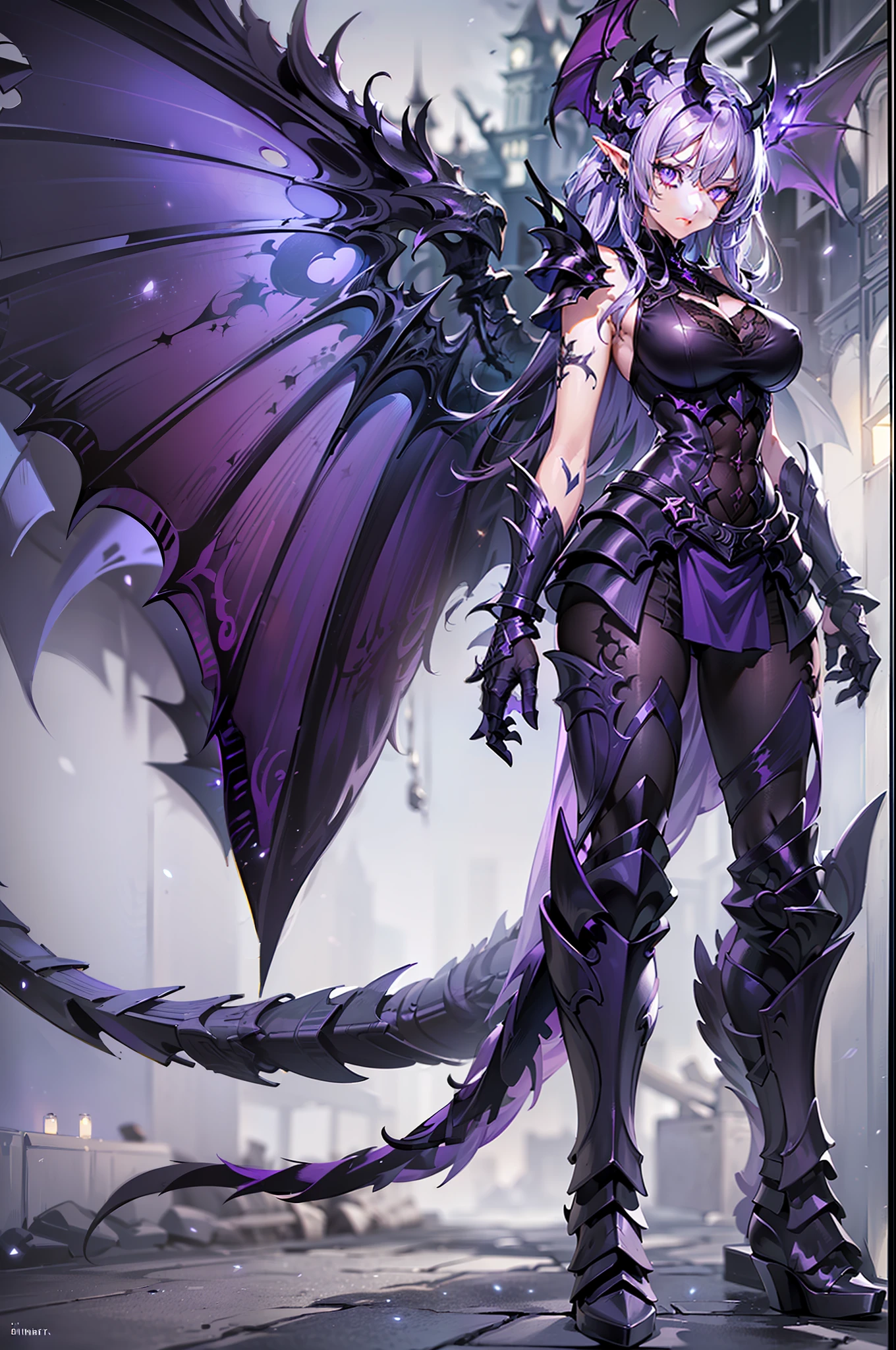 {{masterpiece, best quality, extremely detailed CG, unity 8k wallpaper,anatomically correct,ultra resolution}},Award-winning photography,(best illumination,Very Delicate and Beautiful),{one girl,solo},full body view,knight,(black long hair:1.5),purple eyes,(extremely beautiful and detailed face:1.2), (extremely beautiful and detailed eyes:1.2),perfect hands,delicate legs,((black dragon horns,dragon wings,one dragon tail:1.2)),(epic),pointy ears,purple earrings,purple jewelry,skinny,((full body Plate Armor:1.2,breastplate,greaves,armored boots,armored gloves)),looking at viewer,dark persona,evil,(cute:1.5),((night, dark atmosphere, dark theme, scary atmosphere, darkness:1.5)),dramatic shadows,(dimly lit:1.5),(purple Luminescent Particles:1.4),depth of field,(outdoor:1.5,haunted Gothic castle:1.2),{perfect human body structure with maximum precision}