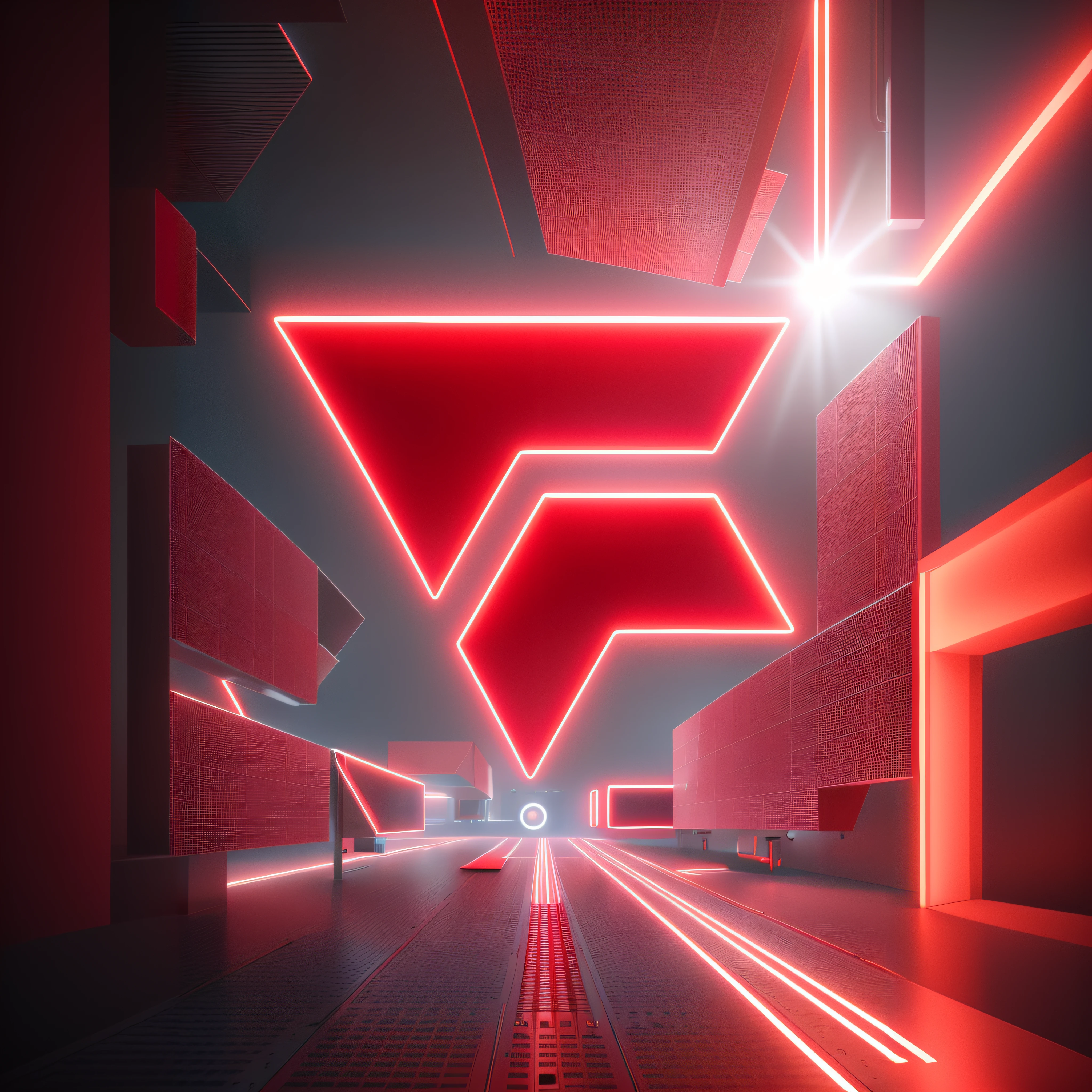 There is a red neon light in the middle of a city, Vray Neon Brilhante, Volumetric lighting. vermelho, futuristic volumetric lighting, geometric 3 d render, geometric 3d render, red offset rendering, Porta de entrada para o futurismo, videogame 3d render, 3 d geometric neon shapes, Futuristic. Jogo CG, cinematic neon matte painting, Volumetric neon lighting