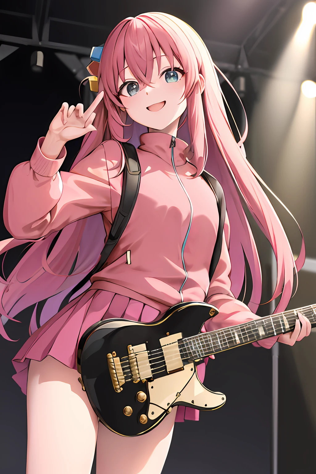 masterpiece, top-quality, Hi-Res, gotou1, gotou hitori, 独奏, skirt by the, Pink Jacket, Track jacket, bangss, hair between eye, long-sleeve, stage, musical instrument, guitar,smil