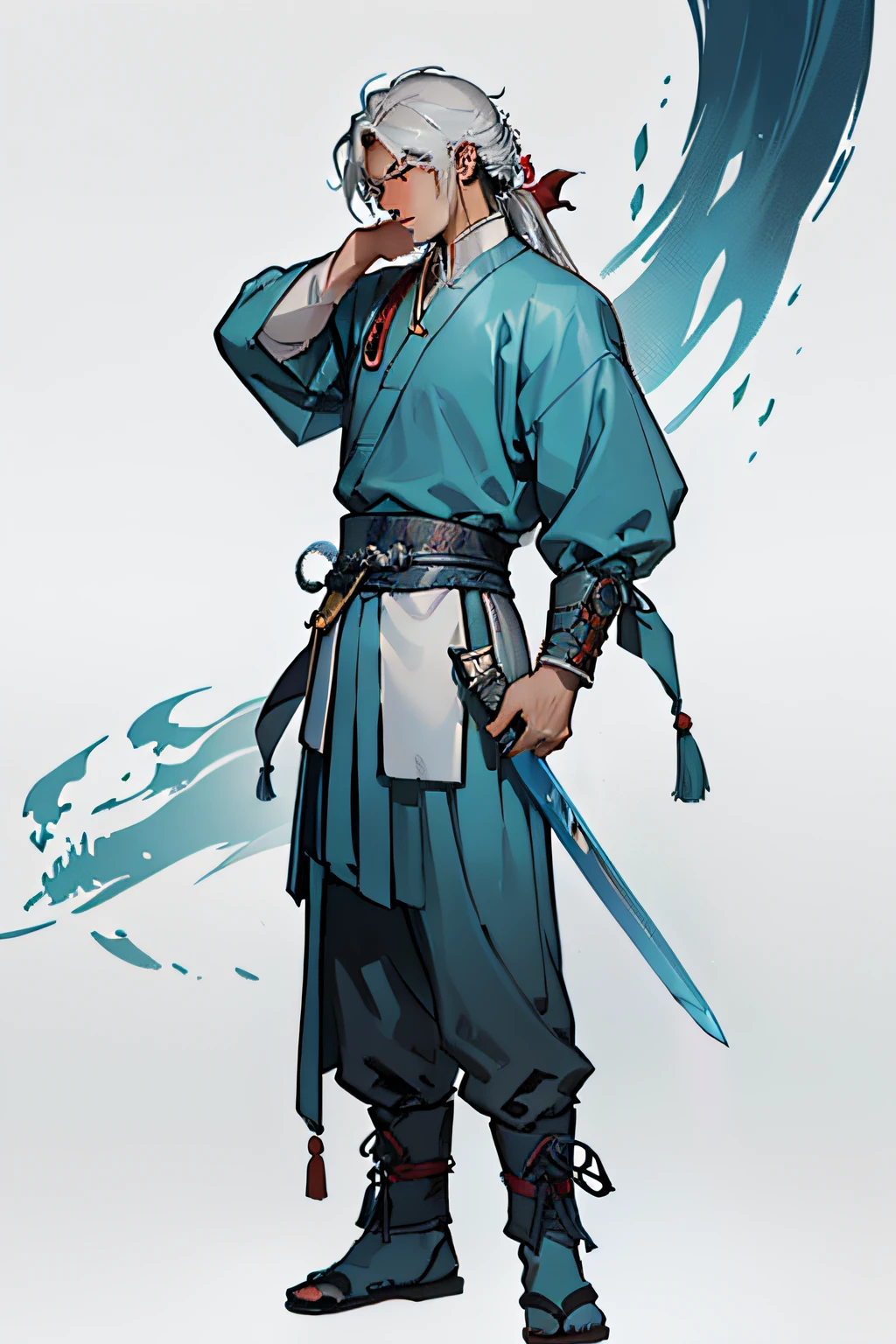 A man with a sword in his hand, by Yang J, inspired by Wu Daozi, Inspired by Cao Zhibai, author:Qu Leilei, Inspired by Seki Dosheng, author:Zhang Lu, full-body wuxia, inspired by Hong Ren, inspired by Wu Zuoren, zhao yun, author:Yang Jin