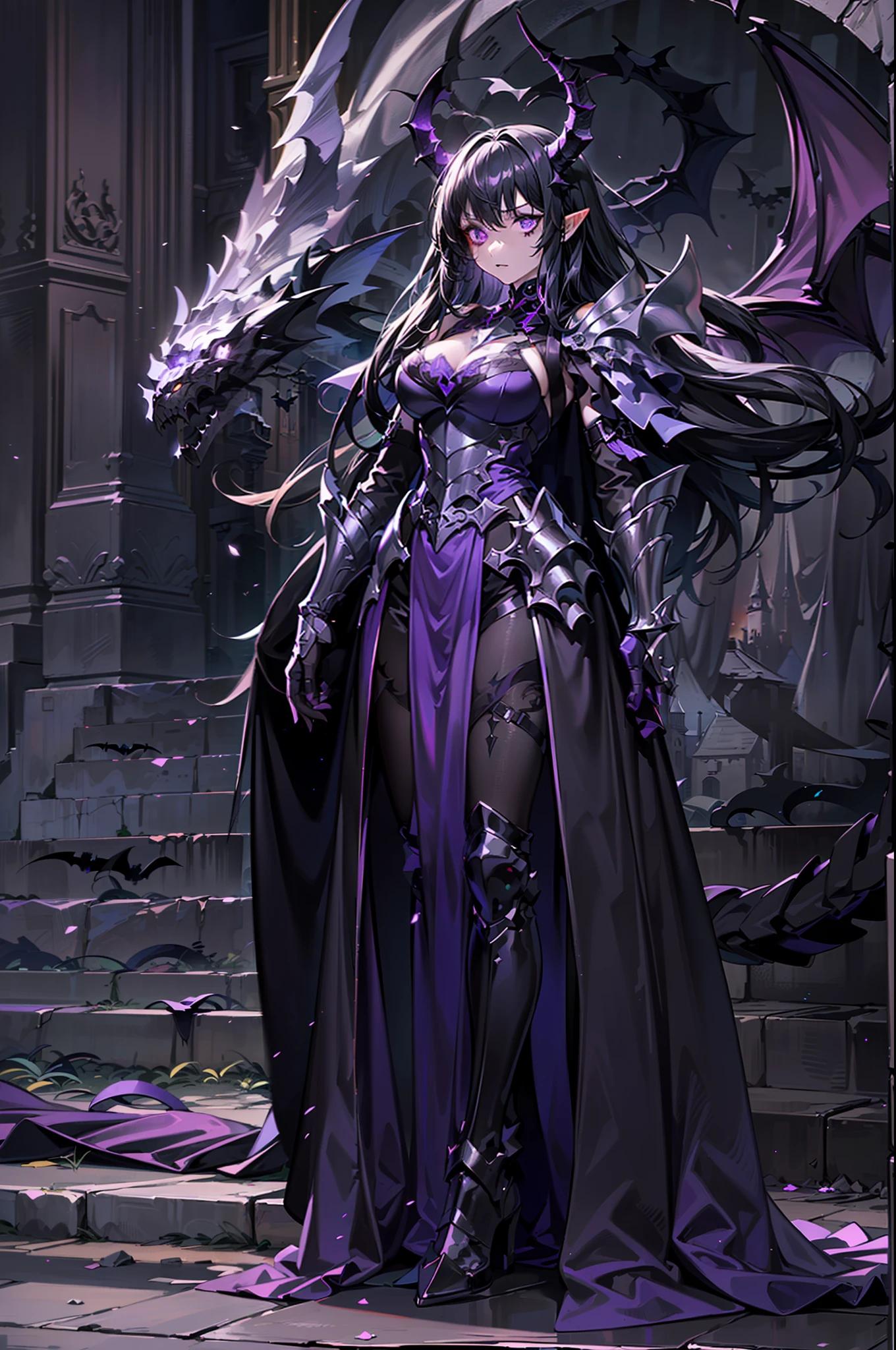 {{masterpiece, best quality, extremely detailed CG, unity 8k wallpaper,anatomically correct,ultra resolution}},Award-winning photography,(best illumination,Very Delicate and Beautiful),{one girl,solo},full body view,knight,(black long hair:1.5),purple eyes,(extremely beautiful and detailed face:1.2), (extremely beautiful and detailed eyes:1.2),perfect hands,delicate legs,((black dragon horns,dragon wings,one dragon tail:1.2)),(epic),pointy ears,purple earrings,purple jewelry,skinny,((full body Plate Armor:1.2,breastplate,greaves,armored boots,armored gloves)),looking at viewer,dark persona,evil,(cute:1.5),((night, dark atmosphere, dark theme, scary atmosphere, darkness:1.5)),dramatic shadows,(dimly lit:1.5),(purple Luminescent Particles:1.4),depth of field,(outdoor:1.5,haunted Gothic castle:1.2),{perfect human body structure with maximum precision}