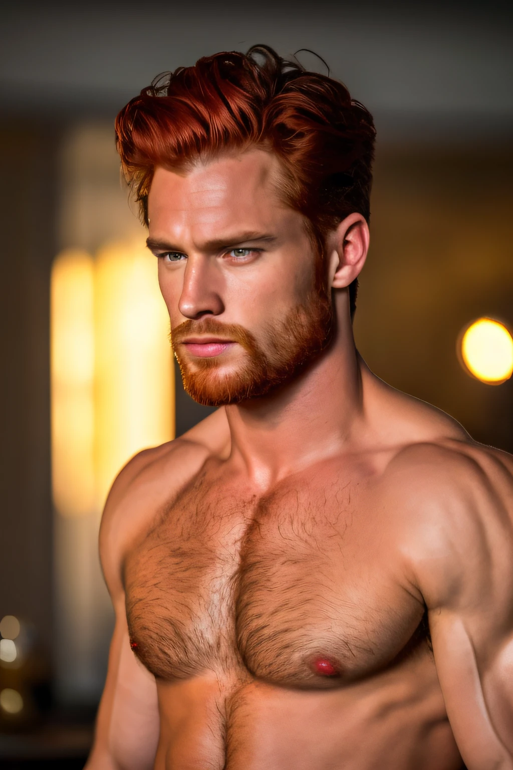 very handsome red-haired man, manly face, well-defined body, in 4K, candles in the background, light, cinematic lighting. photography, detailed symmetrical realistic face, extremely detailed natural texture, peach fuzz, red hair, masterpiece, absurdities, nikon d850 film stock photography, kodak portra 400 camera f1.6 lens, extremely detailed, amazing, fine details , realistic hyper realistic texture, dramatic lighting, irrealengine, trends in artstation, cinestill 800 tungsten, looking at viewer, realistic photo, RAW photo, TanvirTamim, high quality, high resolution, sharp focus, extremely detailed, cinematic lighting, 8k uhd, -imagine