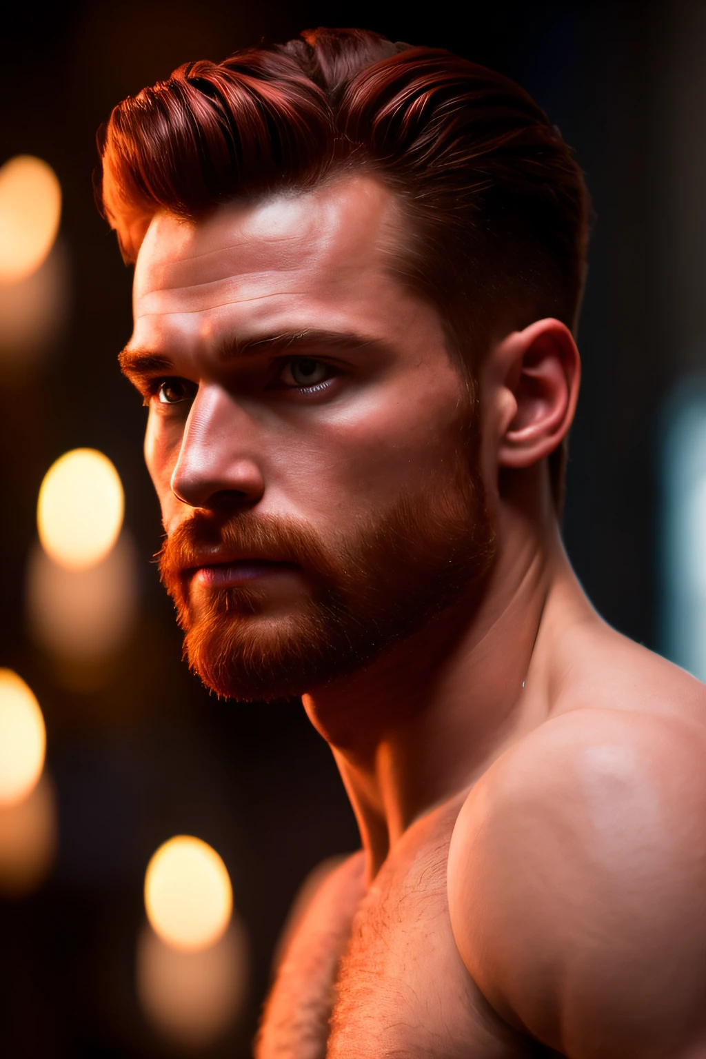 very handsome red-haired man, manly face, well-defined body, in 4K, candles in the background, light, cinematic lighting. photography, detailed symmetrical realistic face, extremely detailed natural texture, peach fuzz, red hair, masterpiece, absurdities, nikon d850 film stock photography, kodak portra 400 camera f1.6 lens, extremely detailed, amazing, fine details , realistic hyper realistic texture, dramatic lighting, irrealengine, trends in artstation, cinestill 800 tungsten, looking at viewer, realistic photo, RAW photo, TanvirTamim, high quality, high resolution, sharp focus, extremely detailed, cinematic lighting, 8k uhd, -imagine