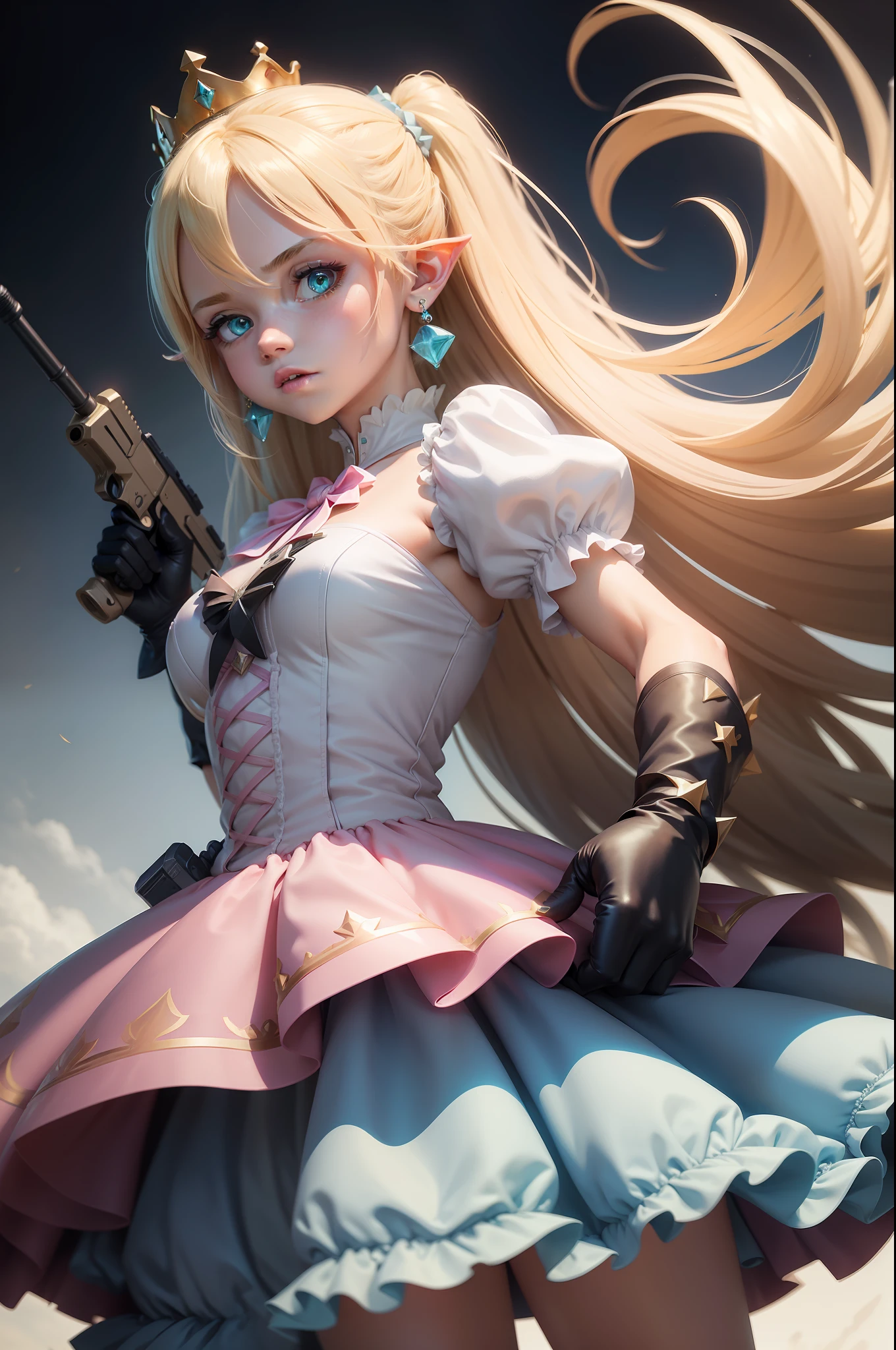 weapon, dress, blonde hair, girl, gun, long hair, crown, gloves, pink dress, pointy ears, jewelry, elbow gloves, holding weapon, handgun, holding, black eyes, earrings, puffy short sleeves, puffy sleeves, simple background, holding gun, blue background, short sleeves, white gloves, parody, aqua background, gem