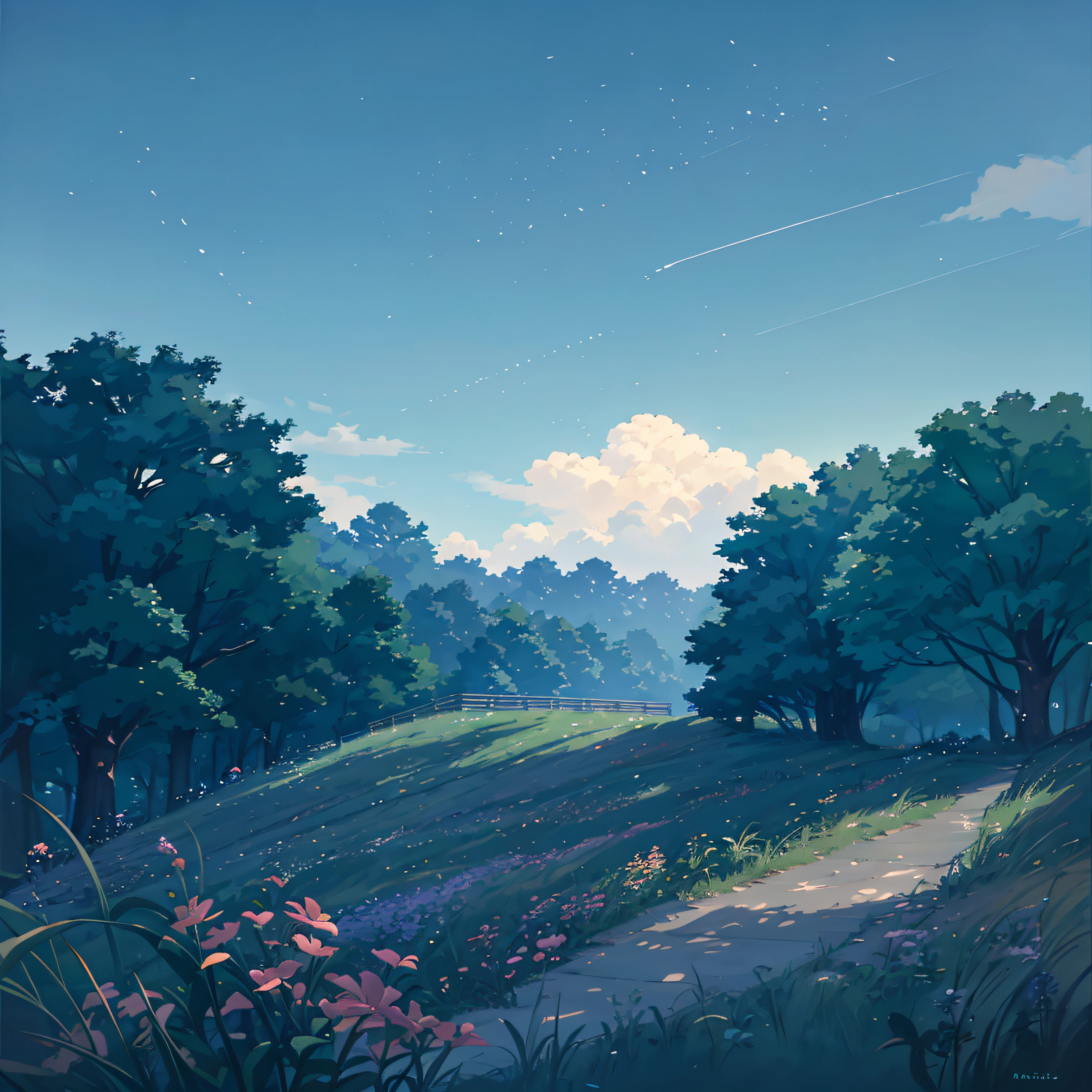 Summer, Makoto Shinkai&#39;s concept art, tumblr, magic realism, beautiful anime scenes, beautiful skies. by makoto shinkai, ( ( makoto shinkai ) ), anime background art, anime backgrounds, Makoto Shinkai&#39;s style, anime movie backgrounds, galaxy express, no humans. --v6