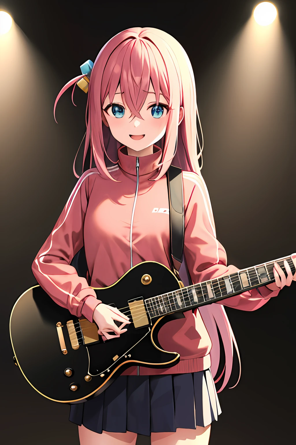 masterpiece, best quality, highres, gotou1, gotou hitori, solo, skirt, pink jacket, track jacket, bangs, hair between eyes, long sleeves, stage, smile, holding instrument, guitar,