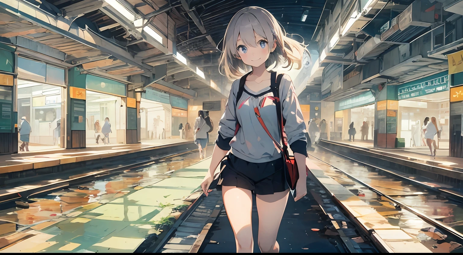 Collaboration between digital art and ink painting, Beautie,Smiling with colored contacts in her eyes, Full body,Walking with a thigh, longshot , The background is the inside of the station in summer