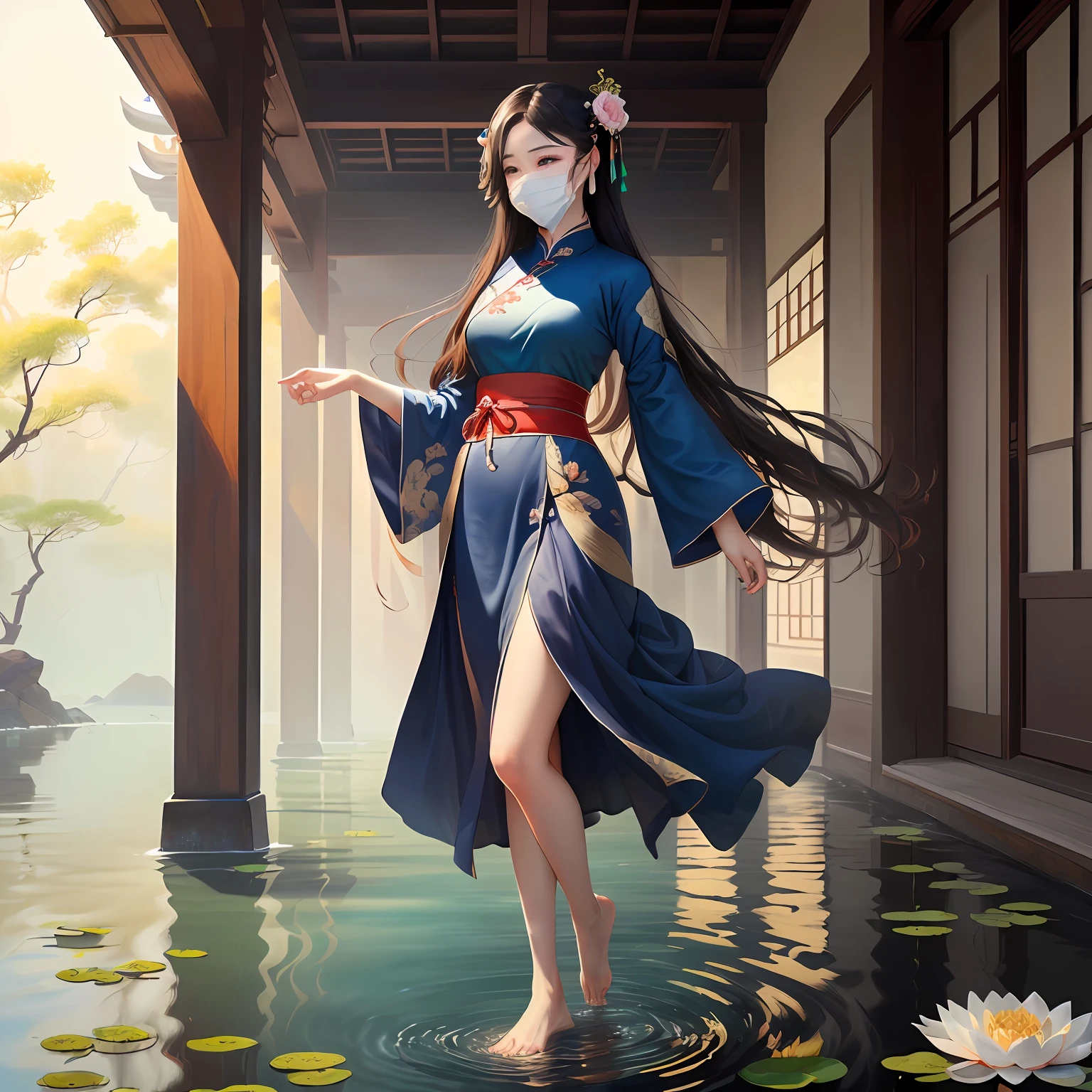 ((4k,masterpiece,best quality)), shuimobysim, Traditional chinese painting, lotuses, Hanfu, maxiskit, Southerners, solo, With a mask,blue long hair, standing on your feet, Feet in the water, The barefoot,Hourglass in hand