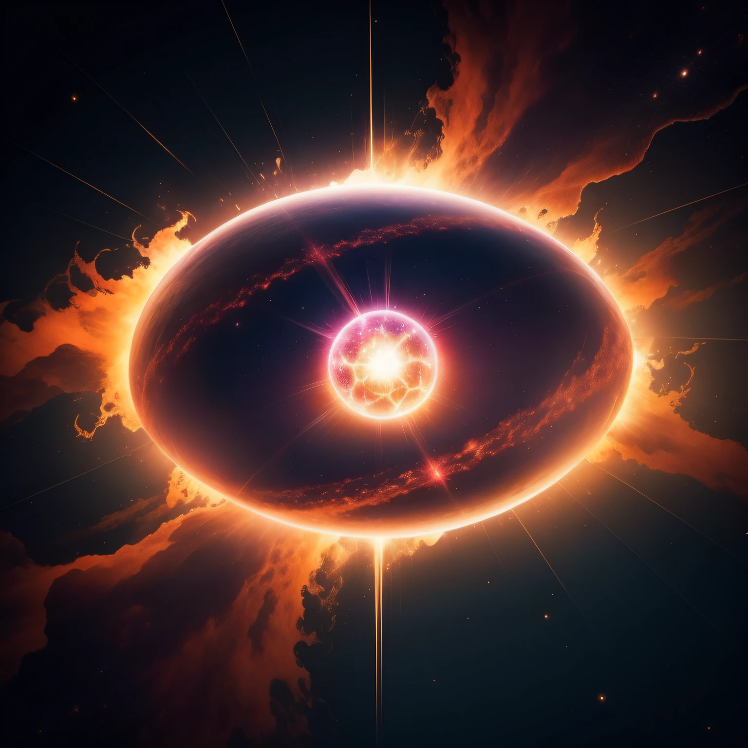 um close up de uma esfera com uma estrela brilhante no meio, esfera brilhante, esferas de energia, Aura dourada brilhante, glowing magma sphere, magical glowing sphere in midair, Aura de poder. circunstanciado, apocalyptic spherical explosion, The God Particle, aura de eletricidade, bright electric aura, emanating and flowing energy, electric aura with particles, explosion of mystical energy