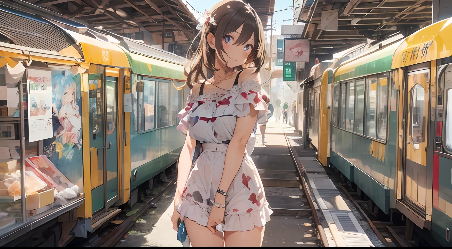 Collaboration between digital art and ink painting, Beautie,Smiling with colored contacts in her eyes, Full body,Walking with a thigh, longshot , The background is the inside of the station in summer