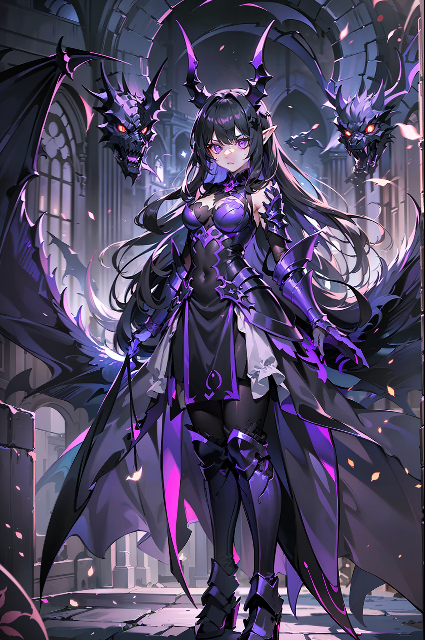 {{masterpiece, best quality, extremely detailed CG, unity 8k wallpaper,anatomically correct,ultra resolution}},Award-winning photography,(best illumination,Very Delicate and Beautiful),{one girl,solo,dragon girl},full body view,knight,(black long hair:1.5),purple eyes,(extremely beautiful and detailed face:1.2), (extremely beautiful and detailed eyes:1.2),perfect hands,delicate legs,((black dragon horns,dragon wings,one dragon tail:1.2)),(epic),pointy ears,purple earrings,purple jewelry,skinny,((full body Plate Armor:1.2,breastplate,greaves,armored boots,armored gloves)),looking at viewer,dark persona,evil,(cute:1.5),((night, dark atmosphere, dark theme, scary atmosphere, darkness:1.5)),dramatic shadows,(dimly lit:1.5),(purple Luminescent Particles:1.4),depth of field,(outdoor:1.5,haunted Gothic castle:1.2),{perfect human body structure with maximum precision}