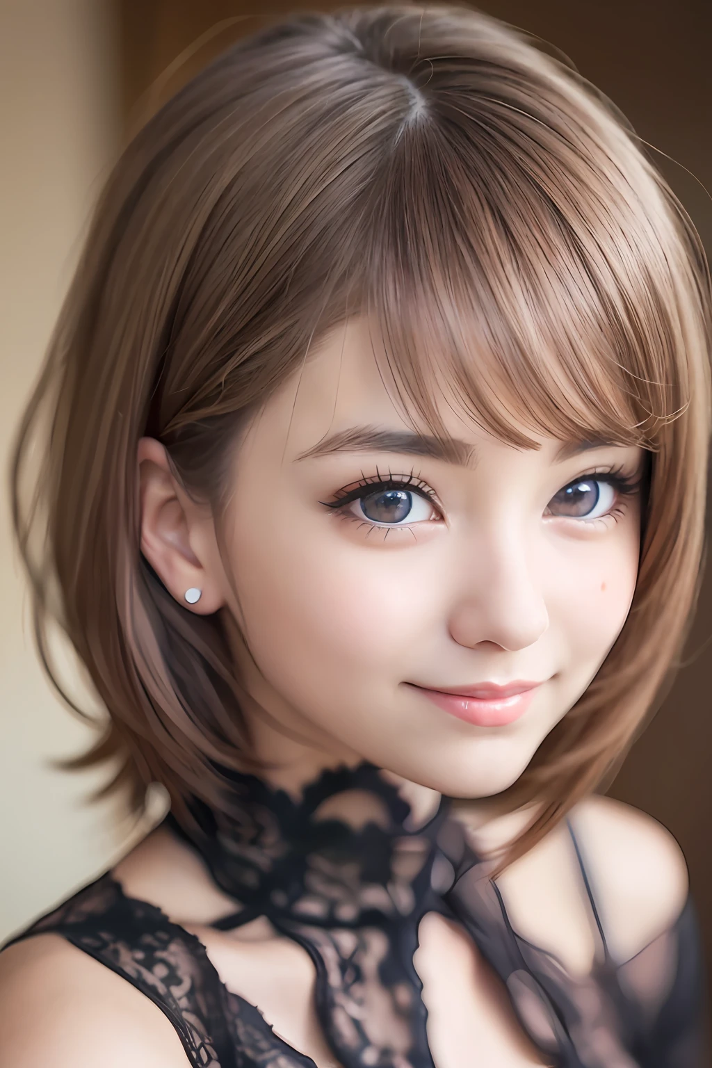 animesque、anime styled、Speciality、Moisturized eyes、Beautiful detailed eyes, (Short hair:1.2), (8K, Best Quality, masutepiece:1.2), (Realistic, Photorealsitic:1.37), Ultra-detailed, a closeup、portraitures、1 girl, Cute, Red hair、Solo, (nose blush),(Smile:1.15),