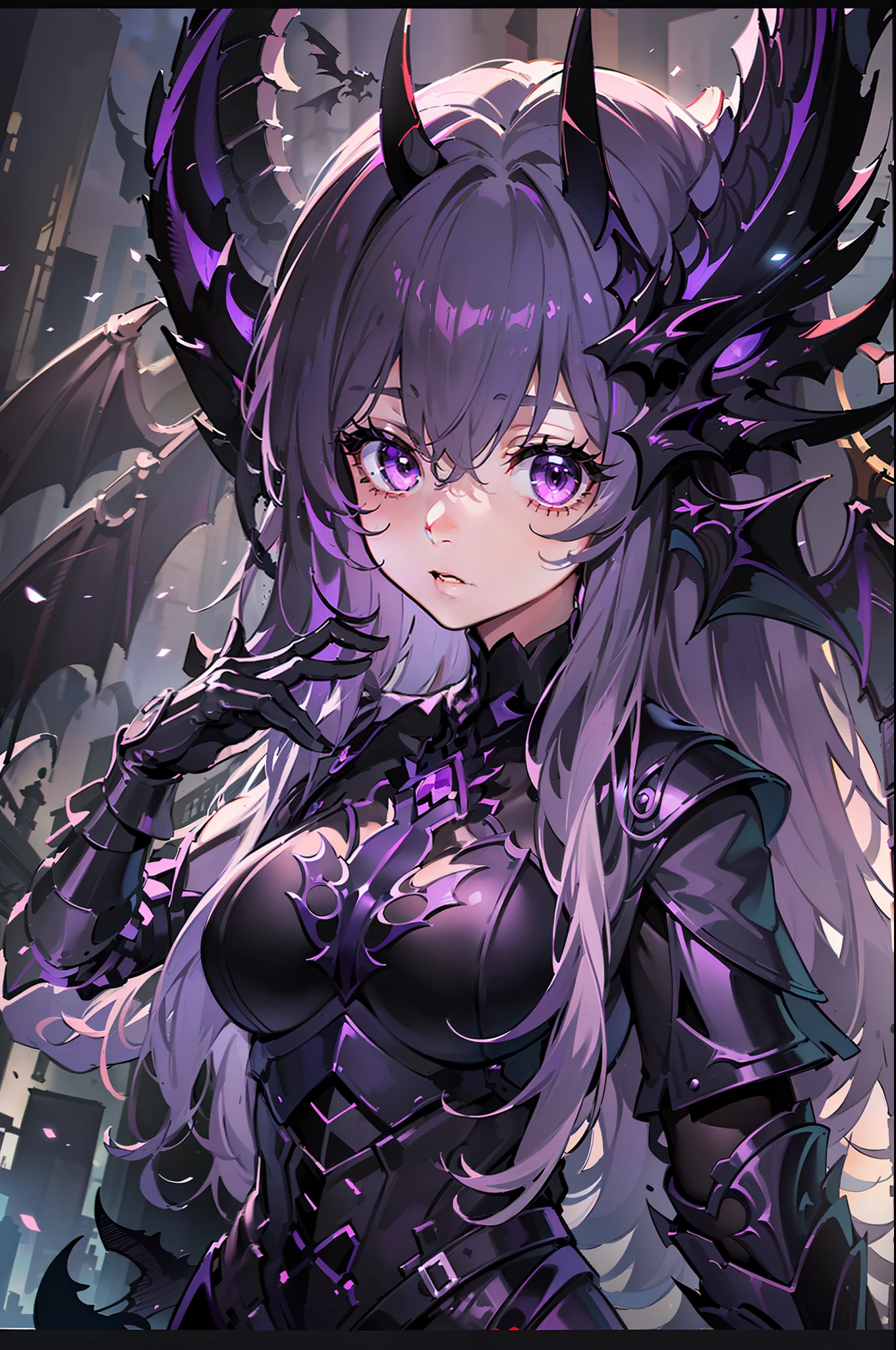{{masterpiece, best quality, extremely detailed CG, unity 8k wallpaper,anatomically correct,ultra resolution}},Award-winning photography,(best illumination,Very Delicate and Beautiful),{one girl,solo,dragon girl},full body view,knight,(black long hair:1.5),purple eyes,(extremely beautiful and detailed face:1.2), (extremely beautiful and detailed eyes:1.2),perfect hands,delicate legs,((black dragon horns,dragon wings,one dragon tail:1.2)),(epic),pointy ears,purple earrings,purple jewelry,skinny,((full body Plate Armor:1.2,breastplate,greaves,armored boots,armored gloves)),looking at viewer,dark persona,evil,(cute:1.5),((night, dark atmosphere, dark theme, scary atmosphere, darkness:1.5)),dramatic shadows,(dimly lit:1.5),(purple Luminescent Particles:1.4),depth of field,(outdoor:1.5,haunted Gothic castle:1.2),{perfect human body structure with maximum precision}
