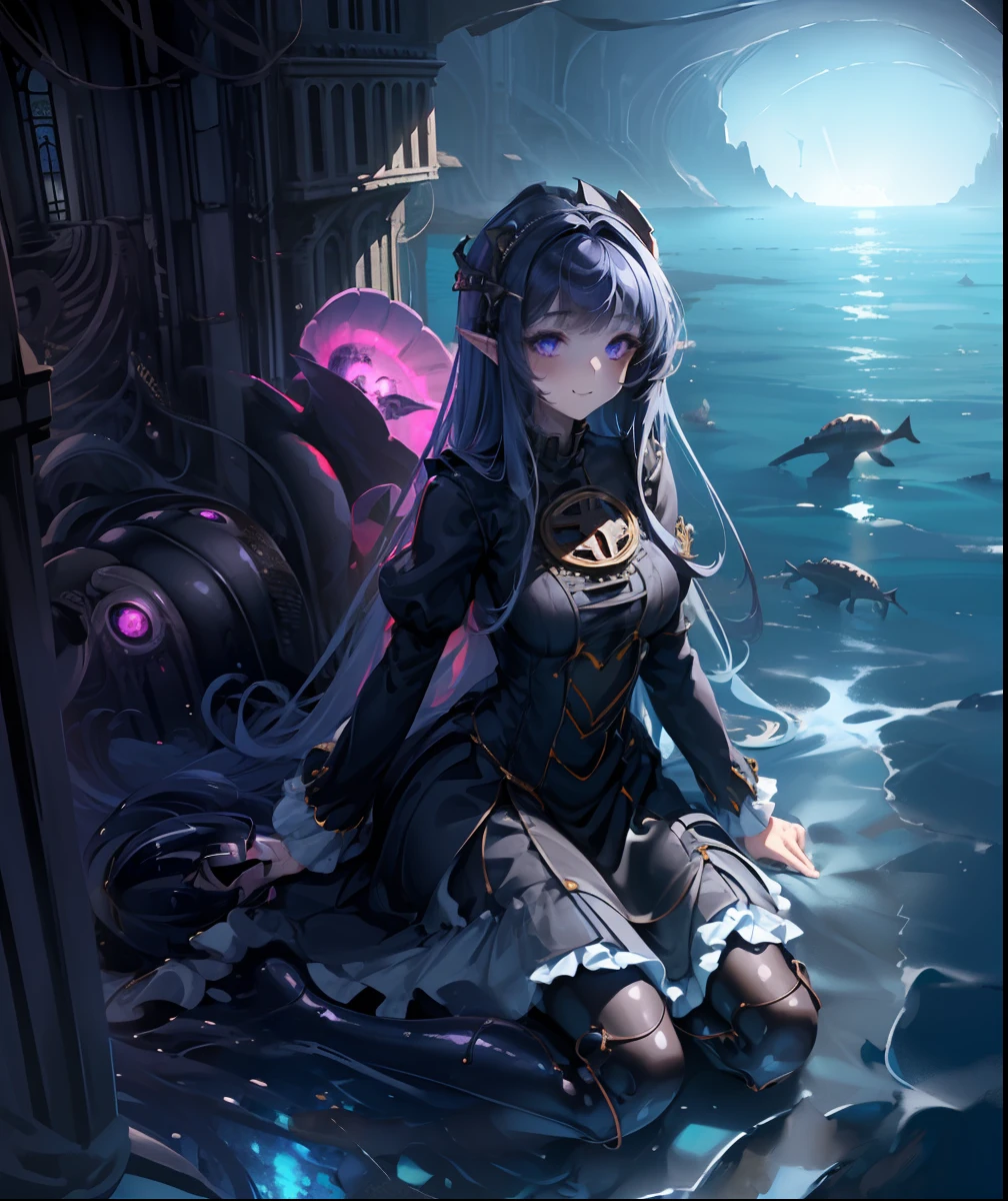 ((giantess girl. bottom of the ocean:1.2)). (Bottom of the deep sea:1.1). Beautiful girl leans out from behind the church、Look down on us. The church sank to the bottom of the sea. Girl wears a purple Gothic Lolita style dress. She looks younger. Her eyes are big. she is smiling. Wriggling tentacles. Broken church.