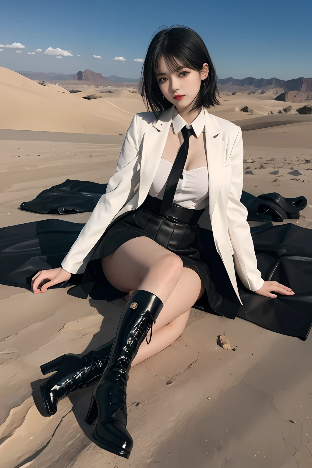 8K raw photos,A high resolution,21 year old girl,Large round chest,校服,tiese,Tie ribbon,blazer jacket,a skirt,Black leather boots,beautiful eyes in detail,long eyelasher,beautiful double eyelid,eye shadows,slit eyes,Sanpaku eyes,Dark eye makeup,evilsmile,Beautiful thin legs,with short white hair,black lence stockings,galactic,the night,A desert,red high heel pumps