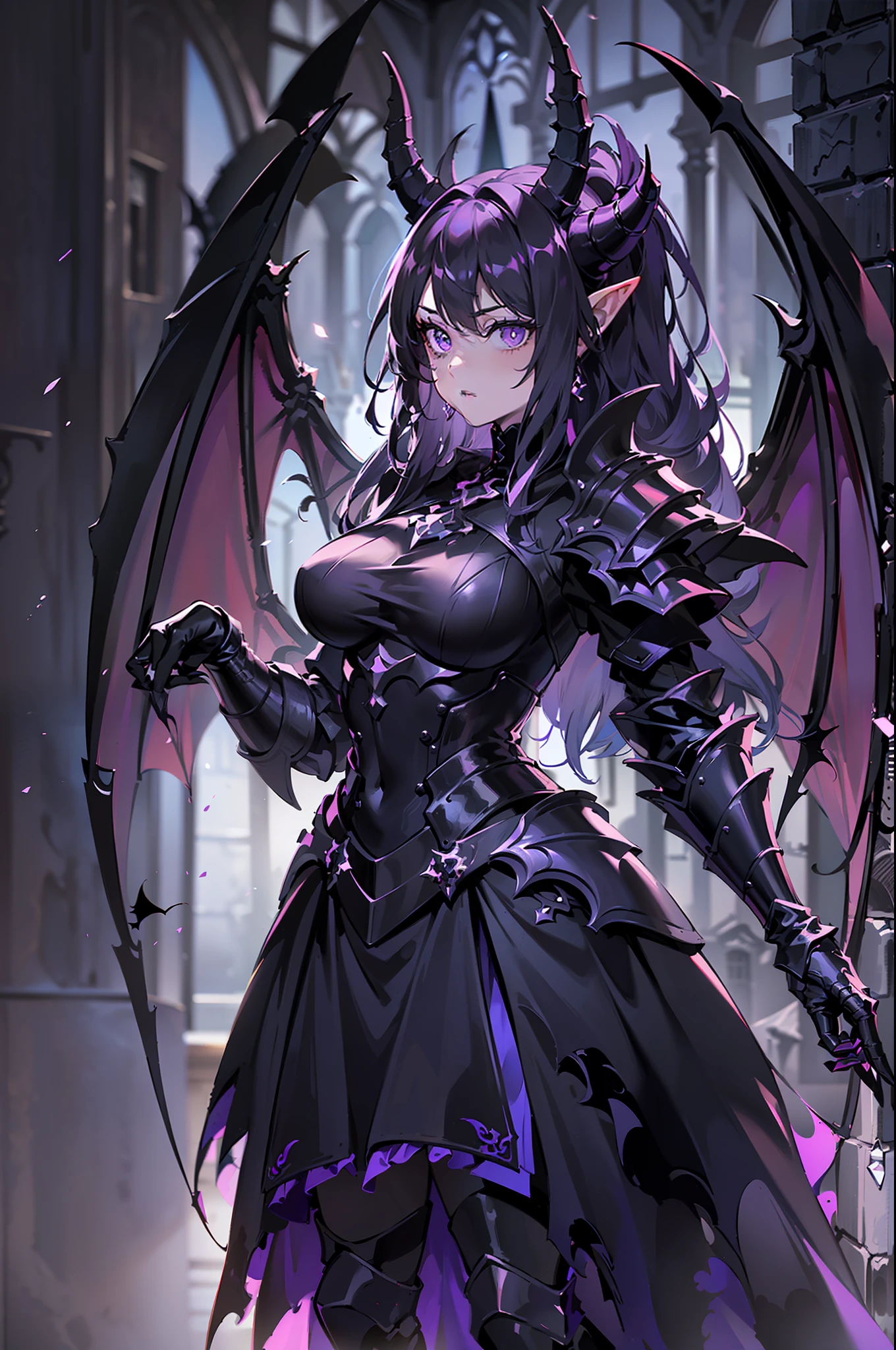 {{masterpiece, best quality, extremely detailed CG, unity 8k wallpaper,anatomically correct,ultra resolution}},Award-winning photography,(best illumination,Very Delicate and Beautiful),{one girl,solo,dragon girl},full body view,knight,(black long hair:1.5),purple eyes,(extremely beautiful and detailed face:1.2), (extremely beautiful and detailed eyes:1.2),perfect hands,delicate legs,((black dragon horns,dragon wings,one dragon tail:1.2)),(epic),pointy ears,purple earrings,purple jewelry,skinny,((full body Plate Armor:1.2,breastplate,greaves,armored boots,armored gloves)),looking at viewer,dark persona,evil,(cute:1.5),((night, dark atmosphere, dark theme, scary atmosphere, darkness:1.5)),dramatic shadows,(dimly lit:1.5),(purple Luminescent Particles:1.4),depth of field,(outdoor:1.5,haunted Gothic castle:1.2),{perfect human body structure with maximum precision}