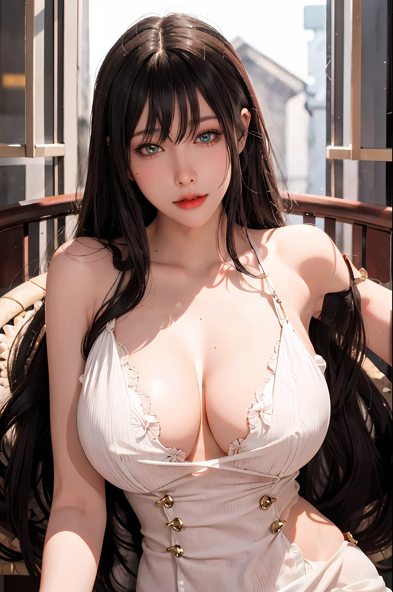 best quality,masterpiece, high res,original, beautiful detailed eyes,ultra-detailed, perfect anatomy, 1girl, solo, cowboyshot, large breasts, wide hip, glamorous body, slender body, (looking at viewer:1.3), long hair, black hair, aqua eyes, bangs, hair between eyes,hair over one eye, shameful face, blush, parted lips, slight smile, perfect lighting,Colorful, Bright_Front_face_Lighting, shiny skin, shiny, (beautiful_face:1.5),