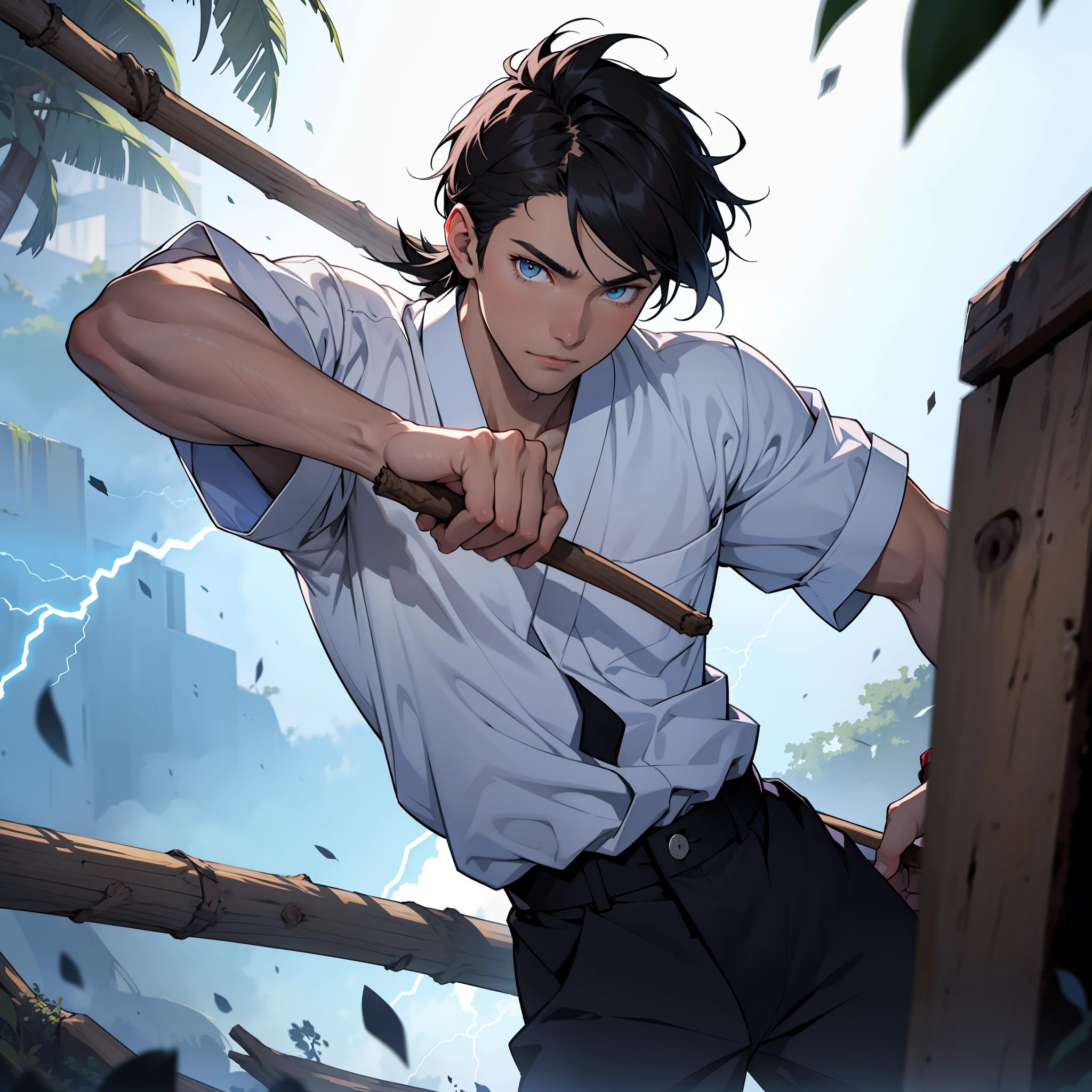 A black-haired young Japanese man with light blue eyes, wearing a black overhead with a white shirt, holding a stick being wrapped in lightning