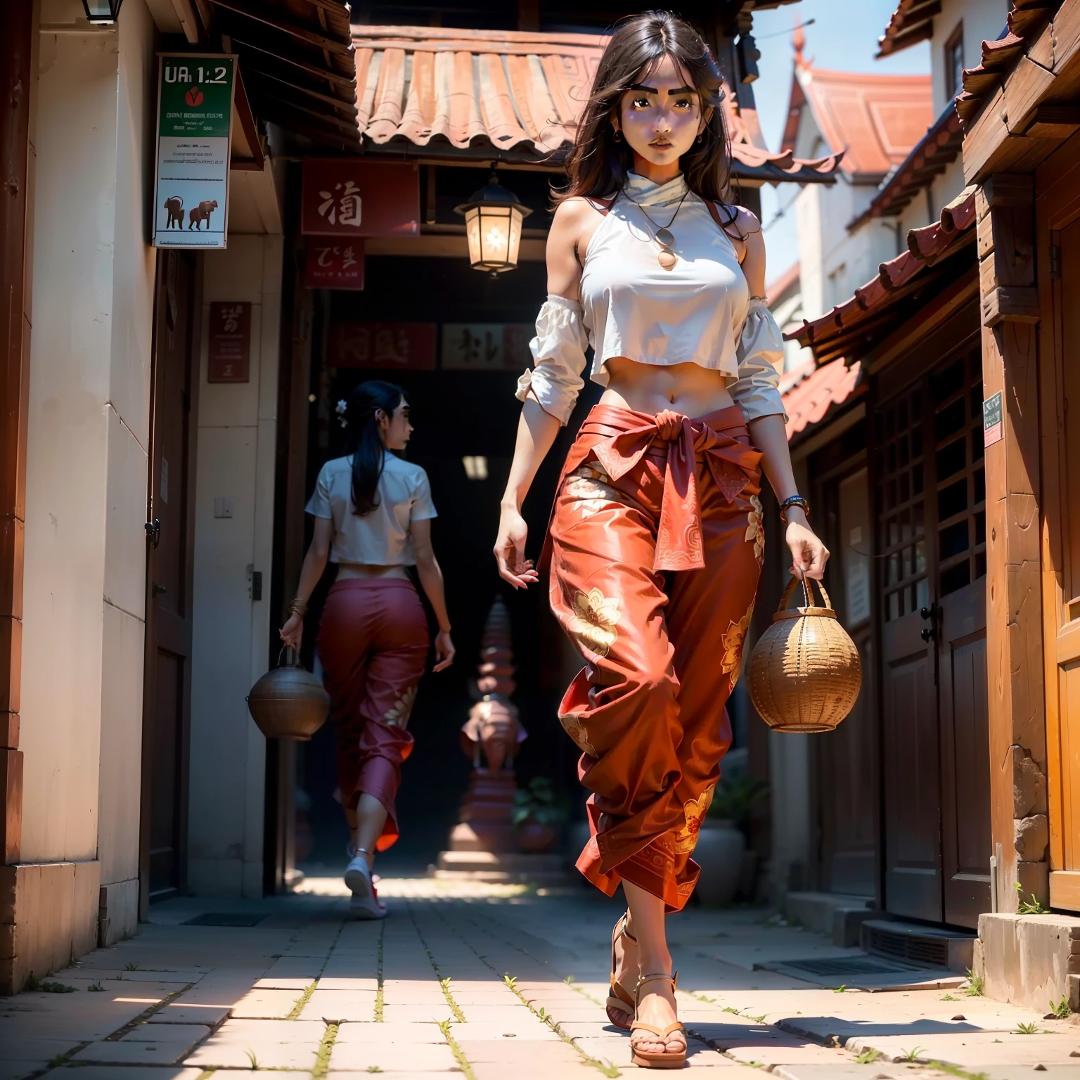 (Best quality: 1.4), (Ultra High resolution: 1.2), (Realistic: 1.4), (8k, RAW photo: 1.2), (Medium lens: 1.4), (brown eyes), Girl walking down the street, wearing (Red Thai elephant harem pants: 1.3), (White top: 1.2), (Beautiful shoes), (Natural light), (Edge light)