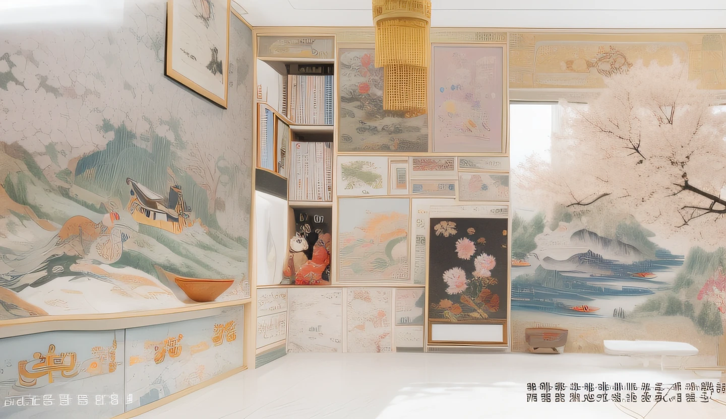 At the corner of the room, many paintings are exhibited in a room with a lot of paper, Chinese painting style, Artistically, art work, author:Liao Zhichun, asian interior decoration, Chinese style painting, style of guo hua, with ancient chinese aesthetic,Fu was inspired by Ji Yunfei,