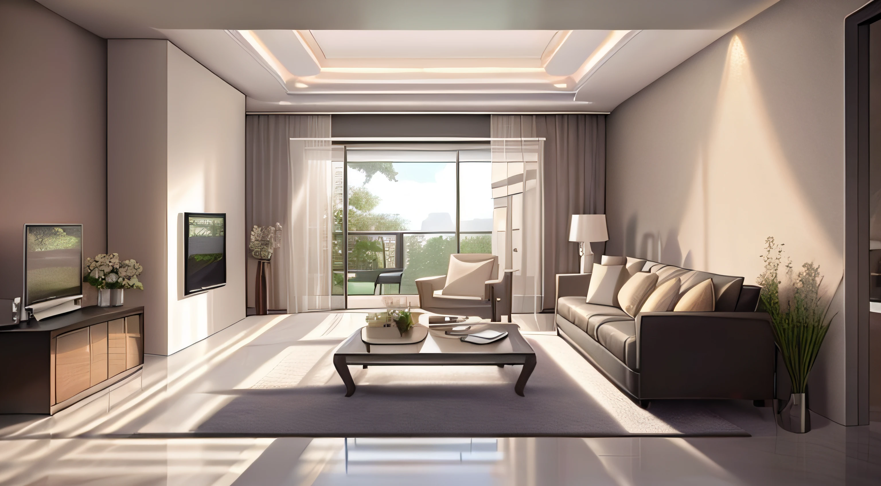 ((best qualtiy,tmasterpiece,8)),There is a TV on the bracket in the bedroom, personal room background, High quality, photorealistic room,, super realistic render vray, living room wall background, high-quality picture, 8k vray render, product introduction photos, vray rendering 4K的, Vray Render 4 km, high quality photorealism,Interesting lighting