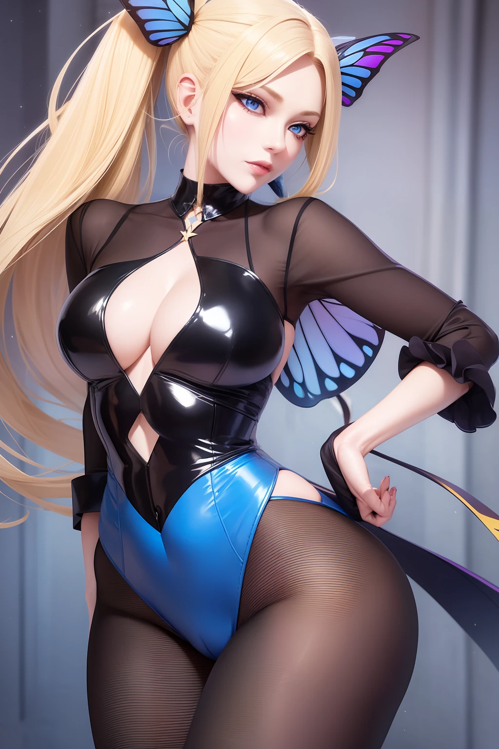She has elegant blonde ponytails and striking blue cat eyes. Her attire exudes power and sophistication in a stylish pantsuit. She embodies the essence of a confident demon, radiating CEO-like confidence. Completing her enchanting aura, a pair of exquisite butterfly wings gracefully adorns her back.