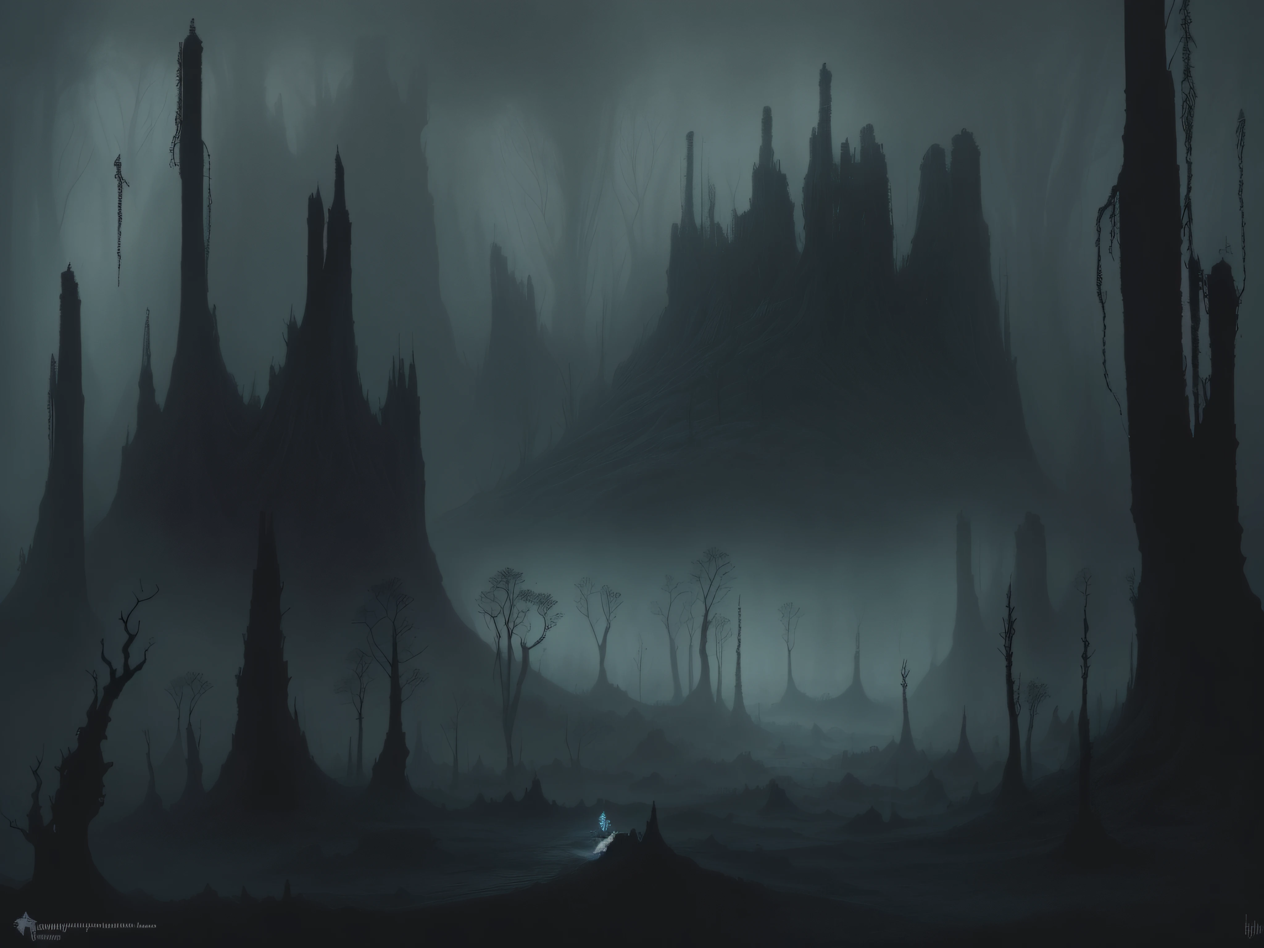 a painting of a forest with many trees, paisagem lovecraftiana, terrenos baldios cinzentos, Stefan Koidl inspirado, paisagem infernal, an alien landscape, paisagem do pesadelo, Atmosfera lovecraftiana, dark ruins landscape, History of Gustave Dore, Tinta de fantasia escura escura Grimdark, paisagem infernal lovecraftiana, paisagem de fantasia escura, alien landscape, Arte conceitual de Bloodborne