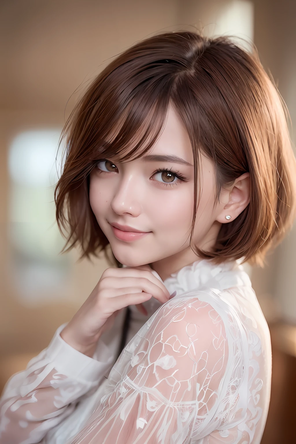 animesque、anime styled、Speciality、Moisturized eyes、Beautiful detailed eyes, (Short hair:1.2), (8K, Best Quality, masutepiece:1.2), (Realistic, Photorealsitic:1.37), Ultra-detailed, a closeup、portraitures、1 girl, Cute, Red hair、Solo, (nose blush),(Smile:1.15),