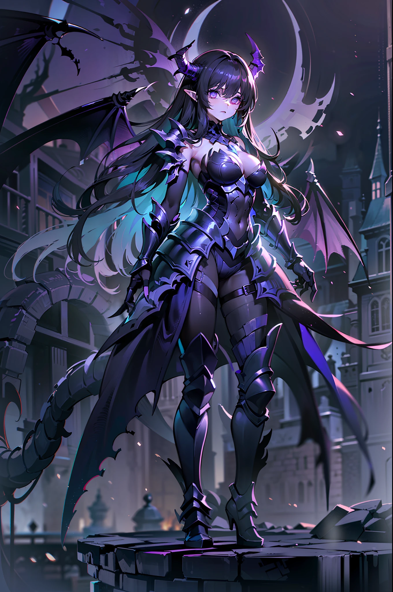 {{masterpiece, best quality, extremely detailed CG, unity 8k wallpaper,anatomically correct,ultra resolution}},Award-winning photography,(best illumination,Very Delicate and Beautiful),{one girl,solo,dragon girl},full body view,knight,(black long hair:1.5),purple eyes,(extremely beautiful and detailed face:1.2), (extremely beautiful and detailed eyes:1.2),perfect hands,delicate legs,((black dragon horns,dragon wings,one dragon tail:1.2)),(epic),pointy ears,purple earrings,purple jewelry,skinny,((full body Plate Armor:1.2,breastplate,greaves,armored boots,armored gloves)),looking at viewer,dark persona,evil,(cute:1.5),((night, dark atmosphere, dark theme, scary atmosphere, darkness:1.5)),dramatic shadows,(dimly lit:1.5),(purple Luminescent Particles:1.4),depth of field,(outdoor:1.5,haunted Gothic castle:1.2),{perfect human body structure with maximum precision}