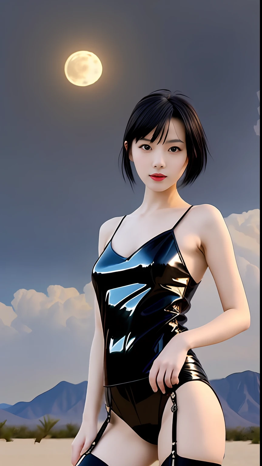 A beautiful Chinese girl，wearing black leather clothing，white stockings，A desert，in a desert，number art，with short black hair，meticuloso，cute  face，opulent，Long, Delicate hair，beautiful night，galactic，nigh sky，dramatic clouds，As estrelas