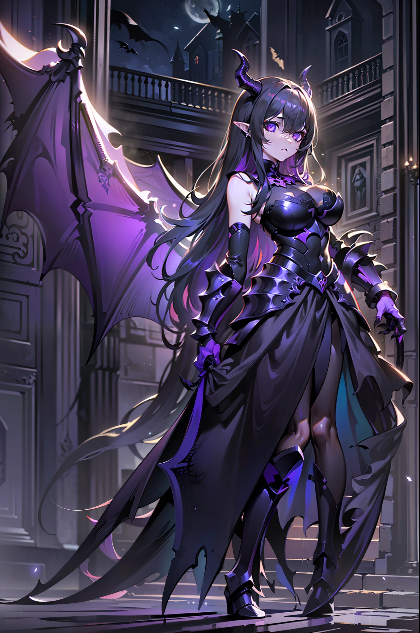 {{masterpiece, best quality, extremely detailed CG, unity 8k wallpaper,anatomically correct,ultra resolution}},Award-winning photography,(best illumination,Very Delicate and Beautiful),{one girl,solo,dragon girl},full body view,knight,(black long hair:1.5),purple eyes,(extremely beautiful and detailed face:1.2), (extremely beautiful and detailed eyes:1.2),perfect hands,delicate legs,((black dragon horns,dragon wings,one dragon tail:1.2)),(epic),pointy ears,purple earrings,purple jewelry,skinny,((full body Plate Armor:1.2,breastplate,greaves,armored boots,armored gloves)),looking at viewer,dark persona,evil,(cute:1.5),((night, dark atmosphere, dark theme, scary atmosphere, darkness:1.5)),dramatic shadows,(dimly lit:1.5),(purple Luminescent Particles:1.4),depth of field,(outdoor:1.5,haunted Gothic castle:1.2),{perfect human body structure with maximum precision}
