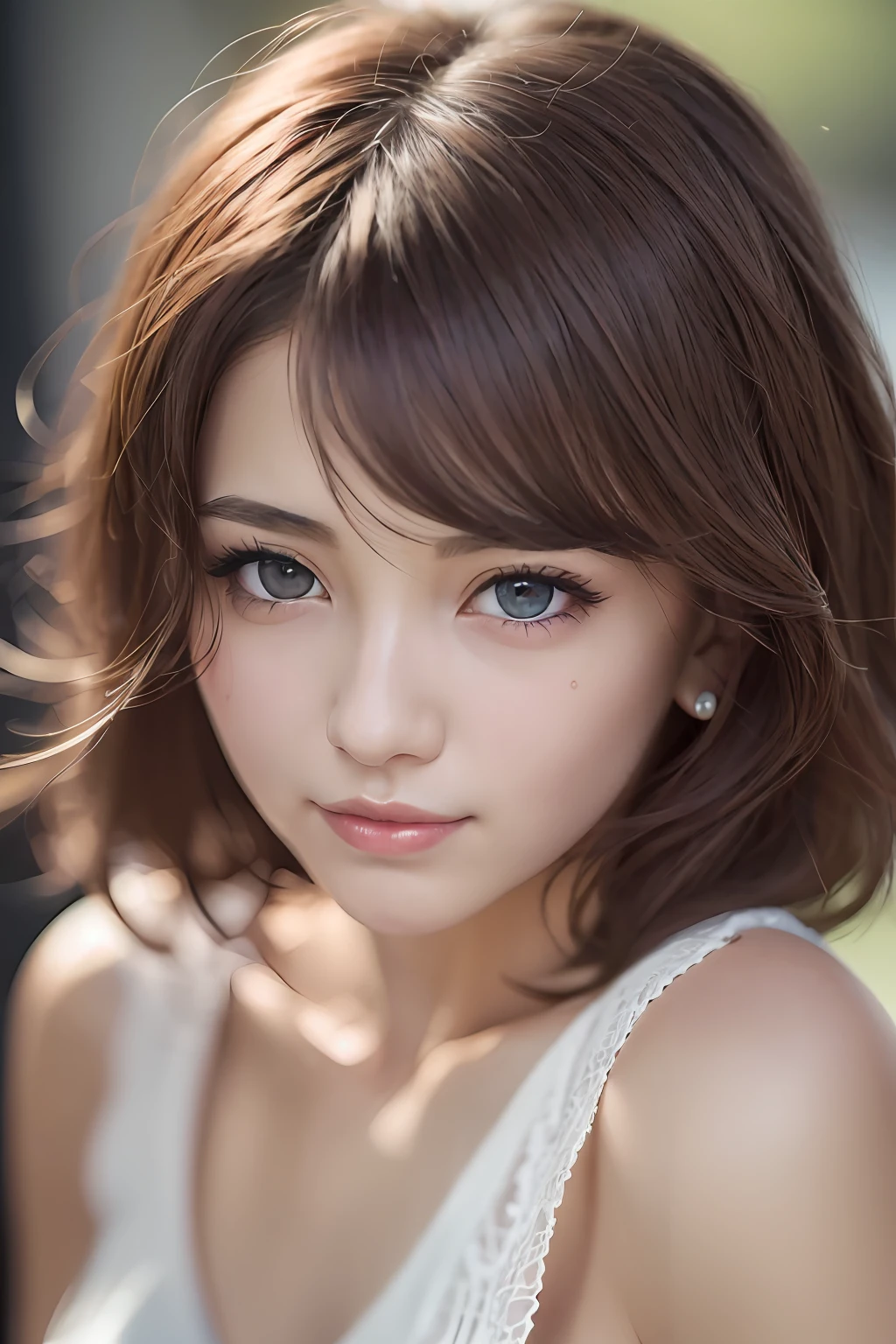 animesque、anime styled、Speciality、Moisturized eyes、Beautiful detailed eyes, (Short hair:1.2), (8K, Best Quality, masutepiece:1.2), (Realistic, Photorealsitic:1.37), Ultra-detailed, a closeup、portraitures、1 girl, Cute, Red hair、Solo, (nose blush),(Smile:1.15),