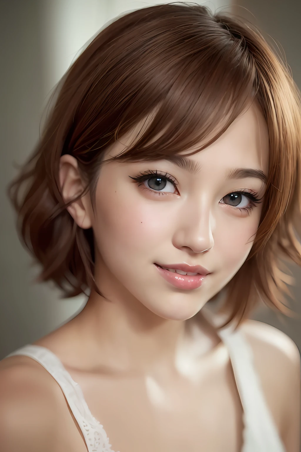 animesque、anime styled、Speciality、Moisturized eyes、Beautiful detailed eyes, (Short hair:1.2), (8K, Best Quality, masutepiece:1.2), (Realistic, Photorealsitic:1.37), Ultra-detailed, a closeup、portraitures、1 girl, Cute, Red hair、Solo, (nose blush),(Smile:1.15),