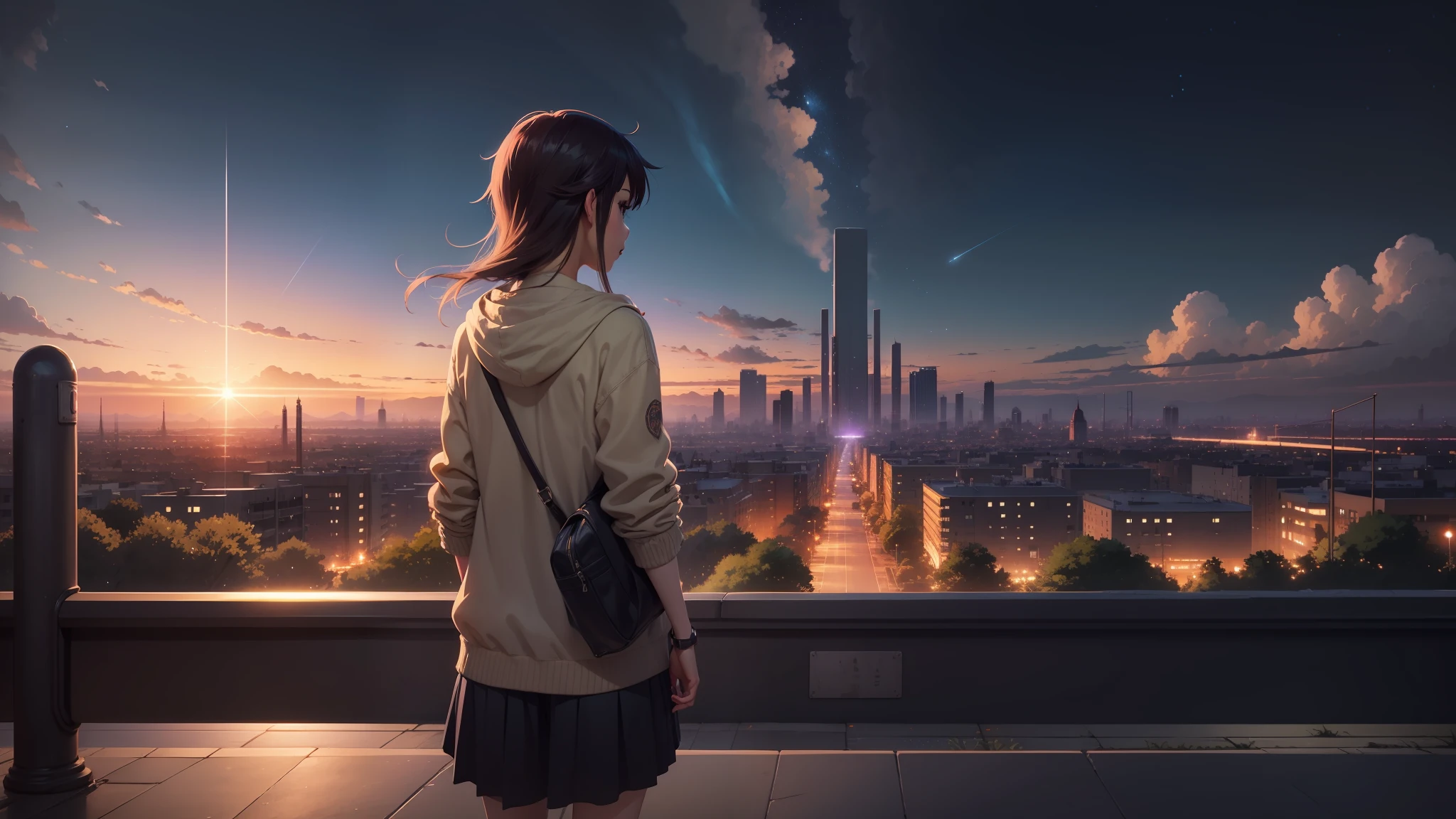 High quality masterpiece ,scenecy,Anime University Gate,Kizi, Glittering starry sky。Romantic campus,Pisif,concept-art,Lofi art style,Reflectors。 By Makoto Shinkai, Lofi art, beautiful anime scenes, Anime landscapes, Detailed scenery —width 672, in the style of makoto shinkai, Makoto Shinkai's style,Detail enhancement。