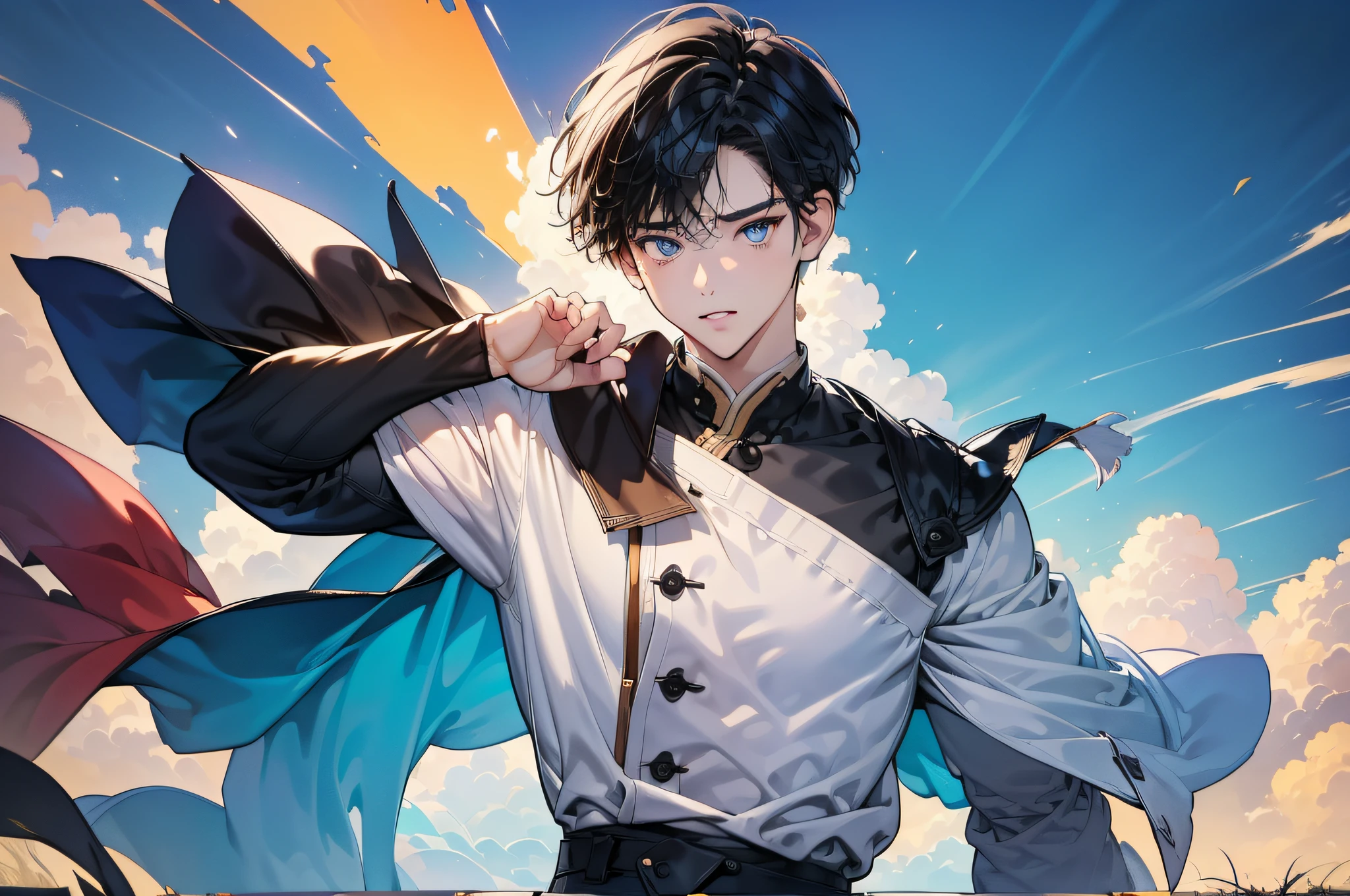 (in 8K、top-quality、masterpiece:1.2)、1 boy、short-haired、Hair short、Brown-skinned、Blue View、
