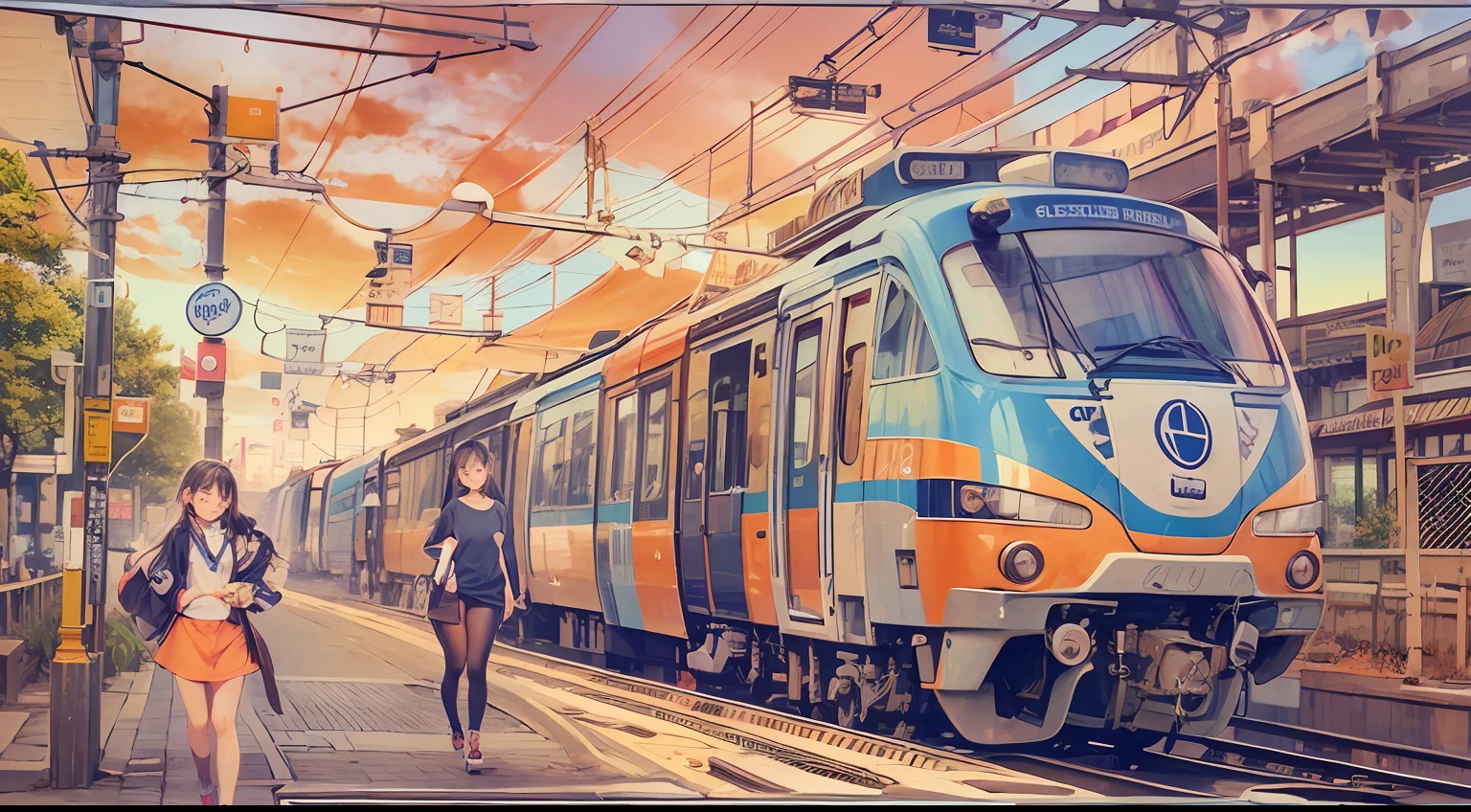 Collaboration between digital art and ink painting, Beautie,Smiling with colored contacts in her eyes, Full body,Walking with a thigh, longshot , The background is the inside of the station in summer