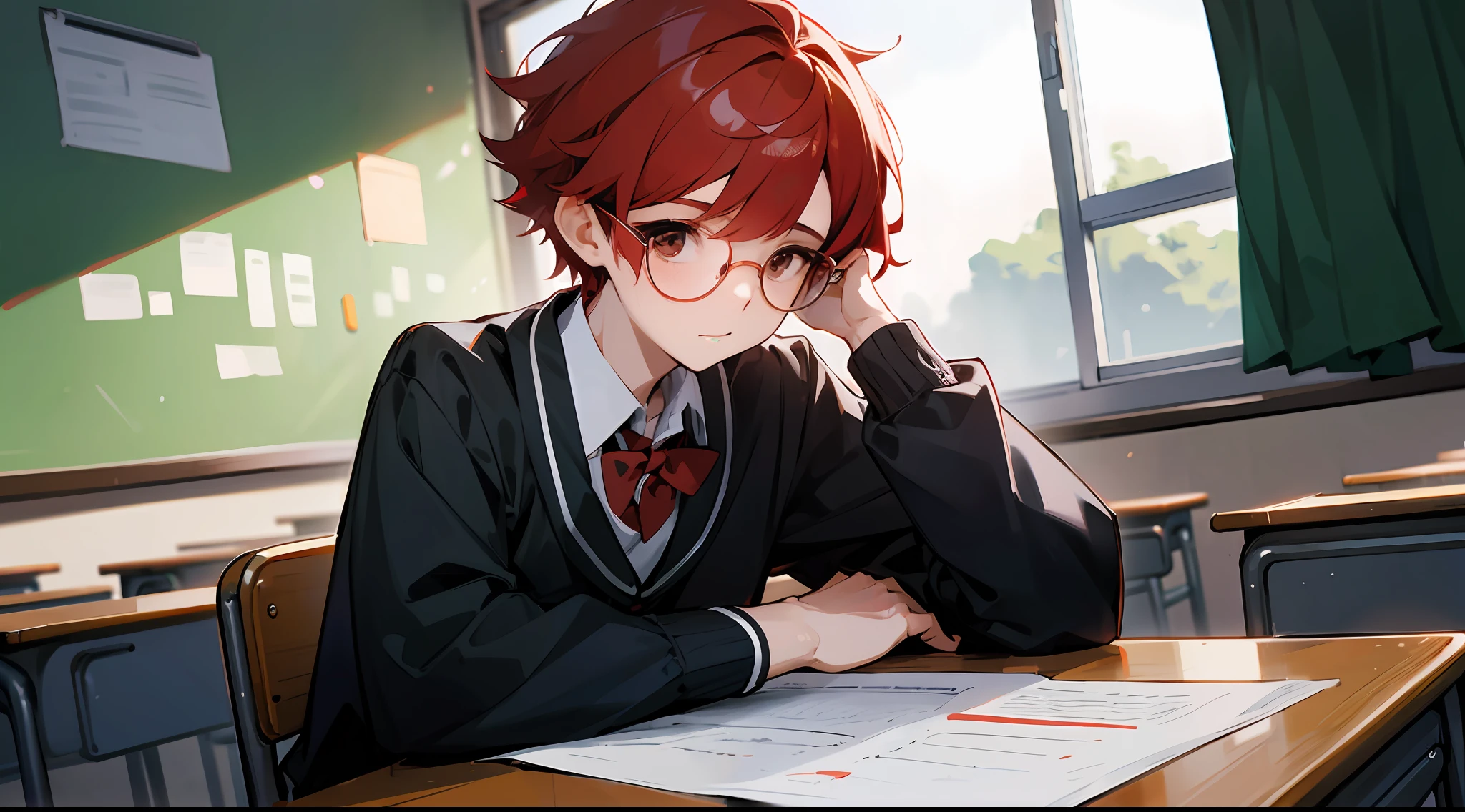 1 boy, wearing school uniform, wearing white watch, short red hair, wearing glasses, classroom, sitting, brown eyes, high res, ultrasharp, 8k, masterpiece